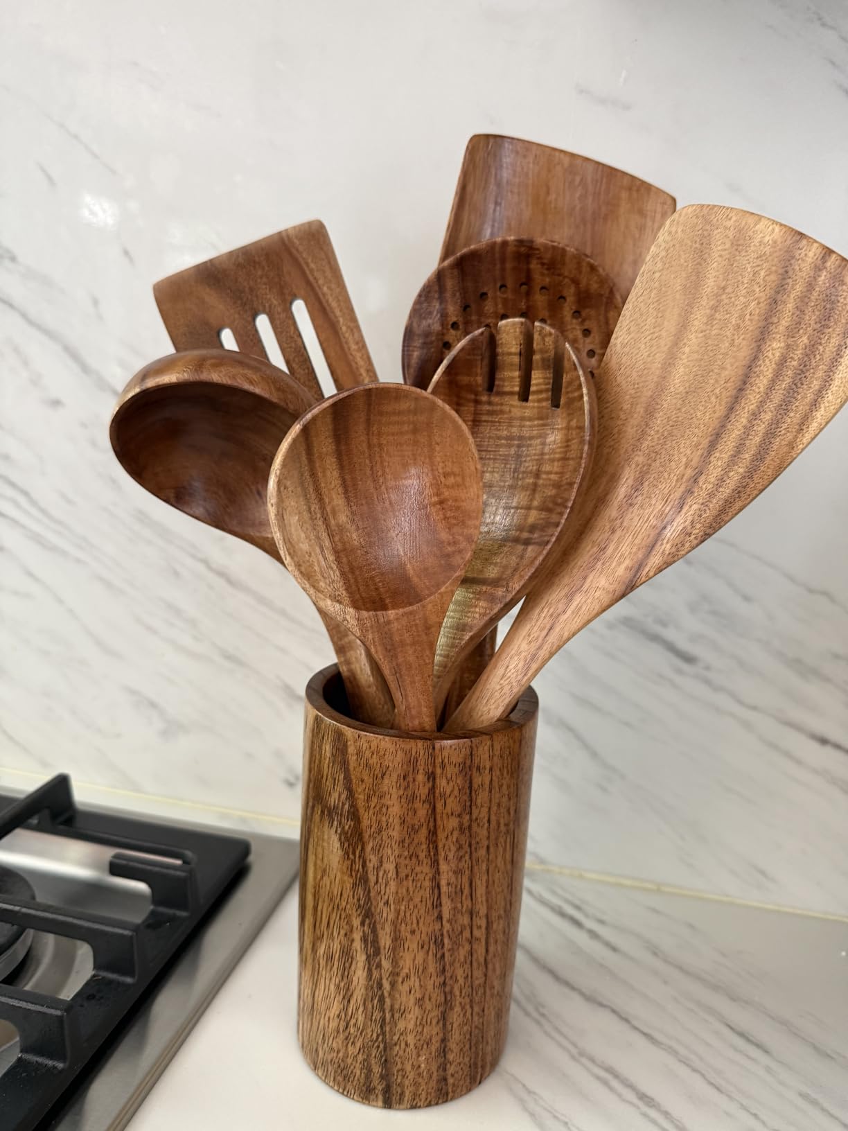 Natural Teak Kitchen Cooking Utensil Set with Holder, Wooden Spoons for Cooking, 10PCS Cooking Spatulas Set with Spoon Rest customer photo 1