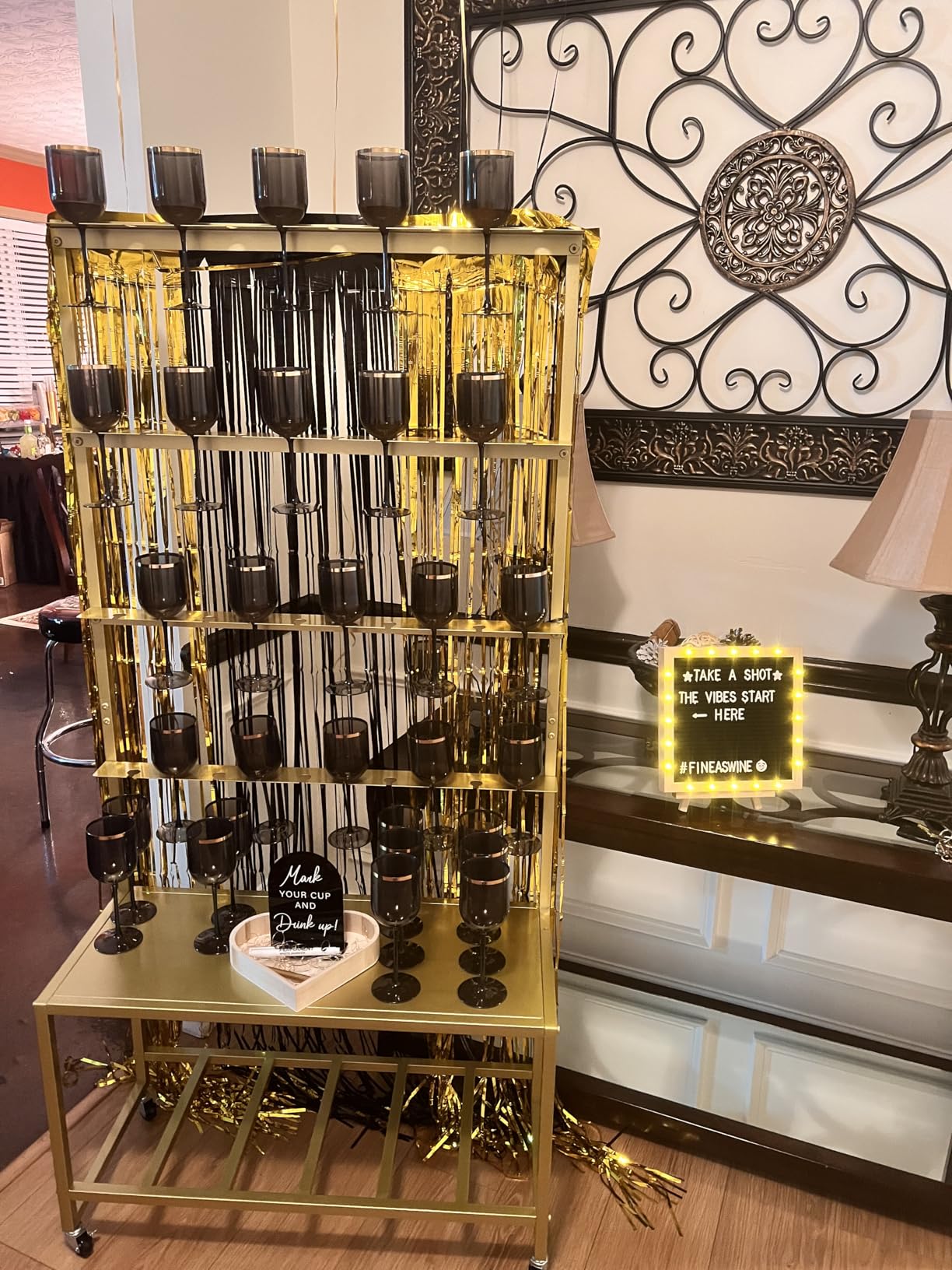 Champagne Wall Holder for Party, Champagne Tower Stand with Storage Shelf and Swivel Casters, 4-Tier Metal Champagne Flutes Display Stand Hold 40 Glasses, Suitable for Wedding, Christmas customer photo 2