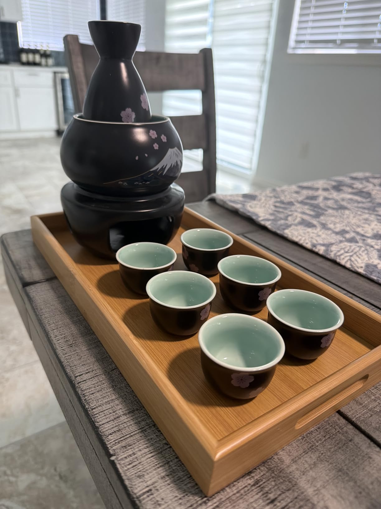 DUJUST 10 pcs Japanese Sake Set with Warmer for 6, Sakura & Fuji Design Porcelain Sake Set, 6 Sake Cups, 1 Bottle, 1 Warmer, 1 Candle Stove, 1 Tray & 1 Box customer photo 2
