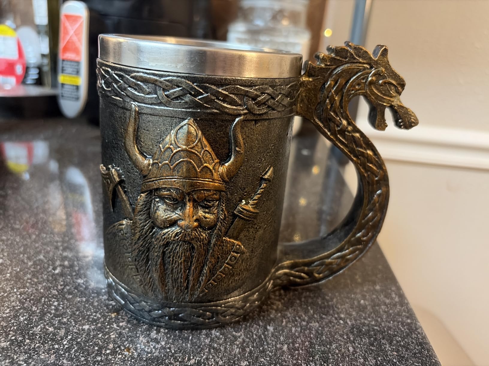 Nordic Viking Beer Mugs, Horned Warrior Beer Stein, Axe Handle Tankard Gifts for Men customer photo 1