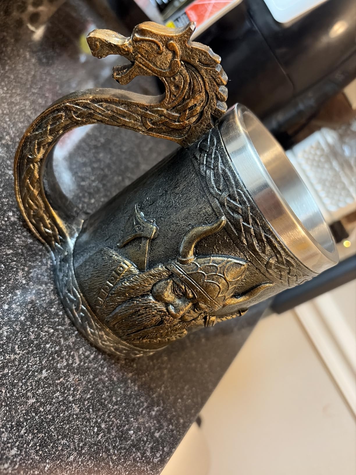 Nordic Viking Beer Mugs, Horned Warrior Beer Stein, Axe Handle Tankard Gifts for Men customer photo 2