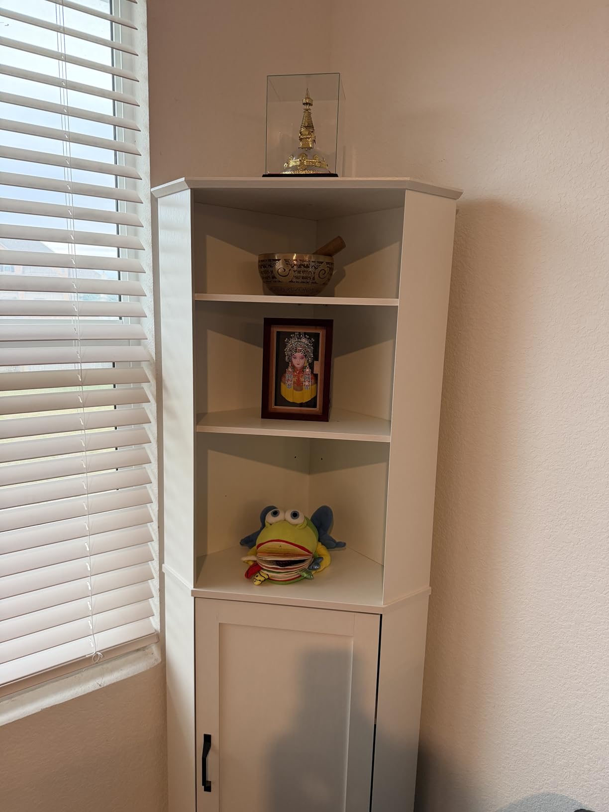 68.1'' Tall Corner Cabinet with Adjustable Shelves for Great Storage and Showcase, Storage Cabinet Double as Corner Liquor Cabinet with Pentagon Design for Living room, Kitchen and Bathroom, White customer photo 1