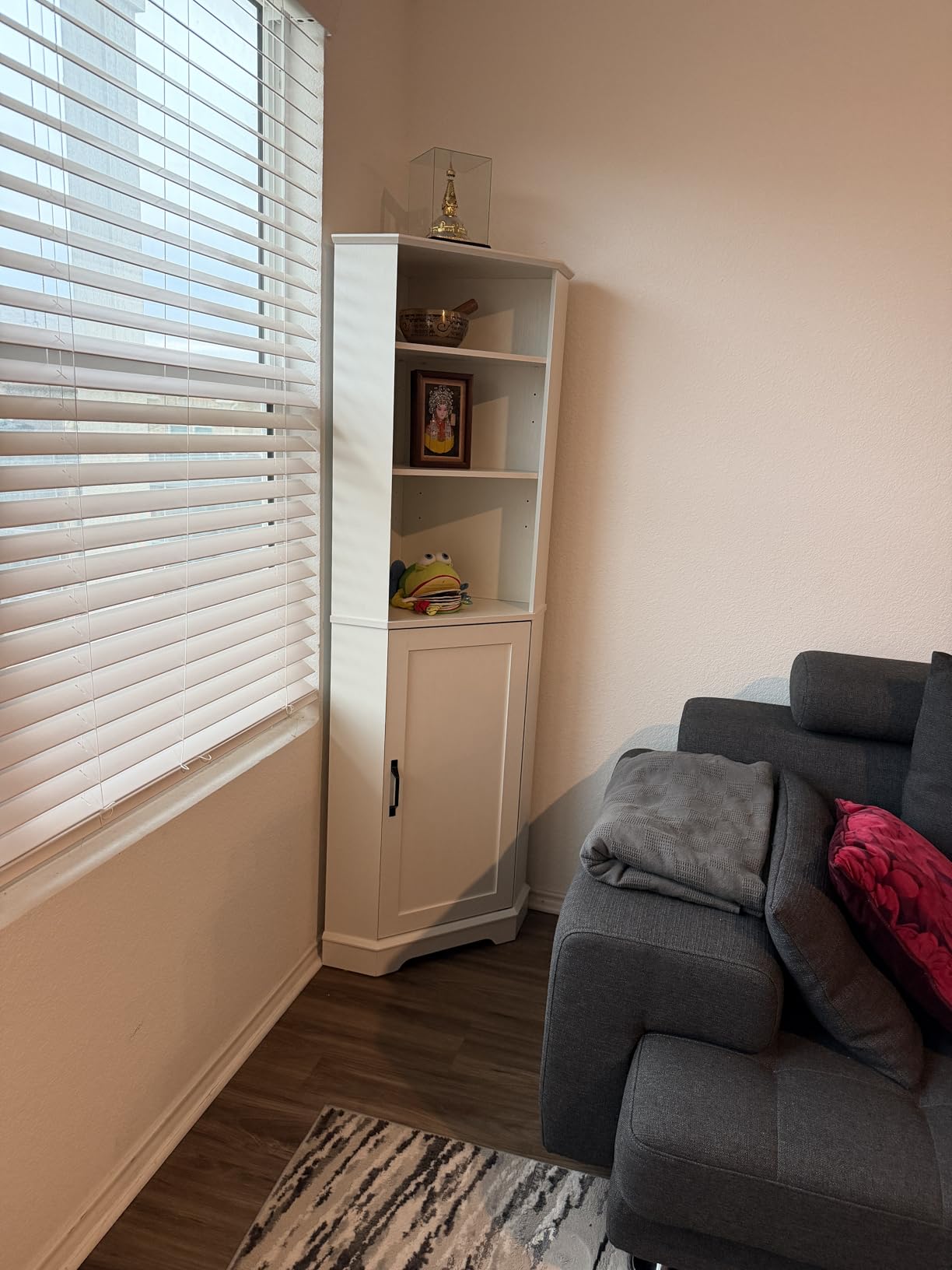 68.1'' Tall Corner Cabinet with Adjustable Shelves for Great Storage and Showcase, Storage Cabinet Double as Corner Liquor Cabinet with Pentagon Design for Living room, Kitchen and Bathroom, White customer photo 2