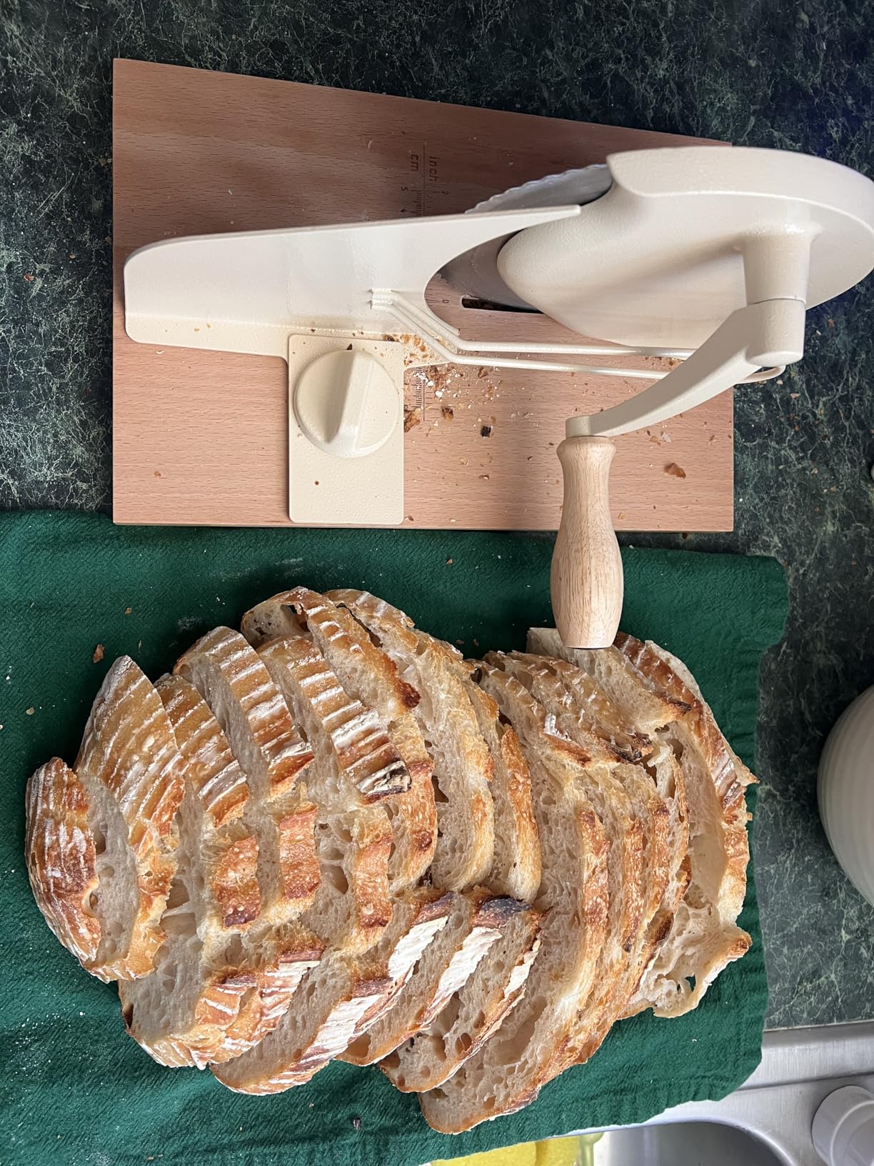 Upgraded Manual Bread Slicer for Homemade Sourdough Bread Adjustable Thickness& Evenly Slicing, Metal Guide, Hand Crank Bread Slicer with Scale Line & Suction Base,Sharp Stainless Steel Blade customer photo 1