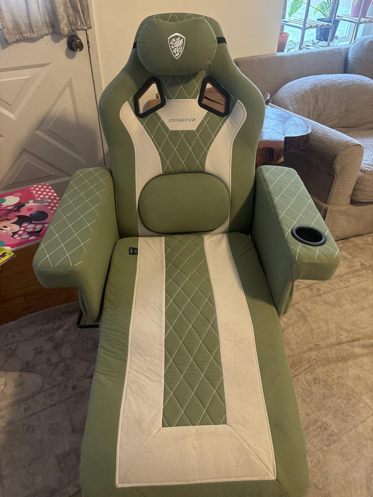 Dowinx Racing Style Gaming Recliner Chair with Massage Lumbar Support, Footrest, Cup Holder, Side Pouch, High Back Ergonomic Video Game Chair Reclining No Wheels Heavy Duty, Black Red Fabric/Leather customer photo 1