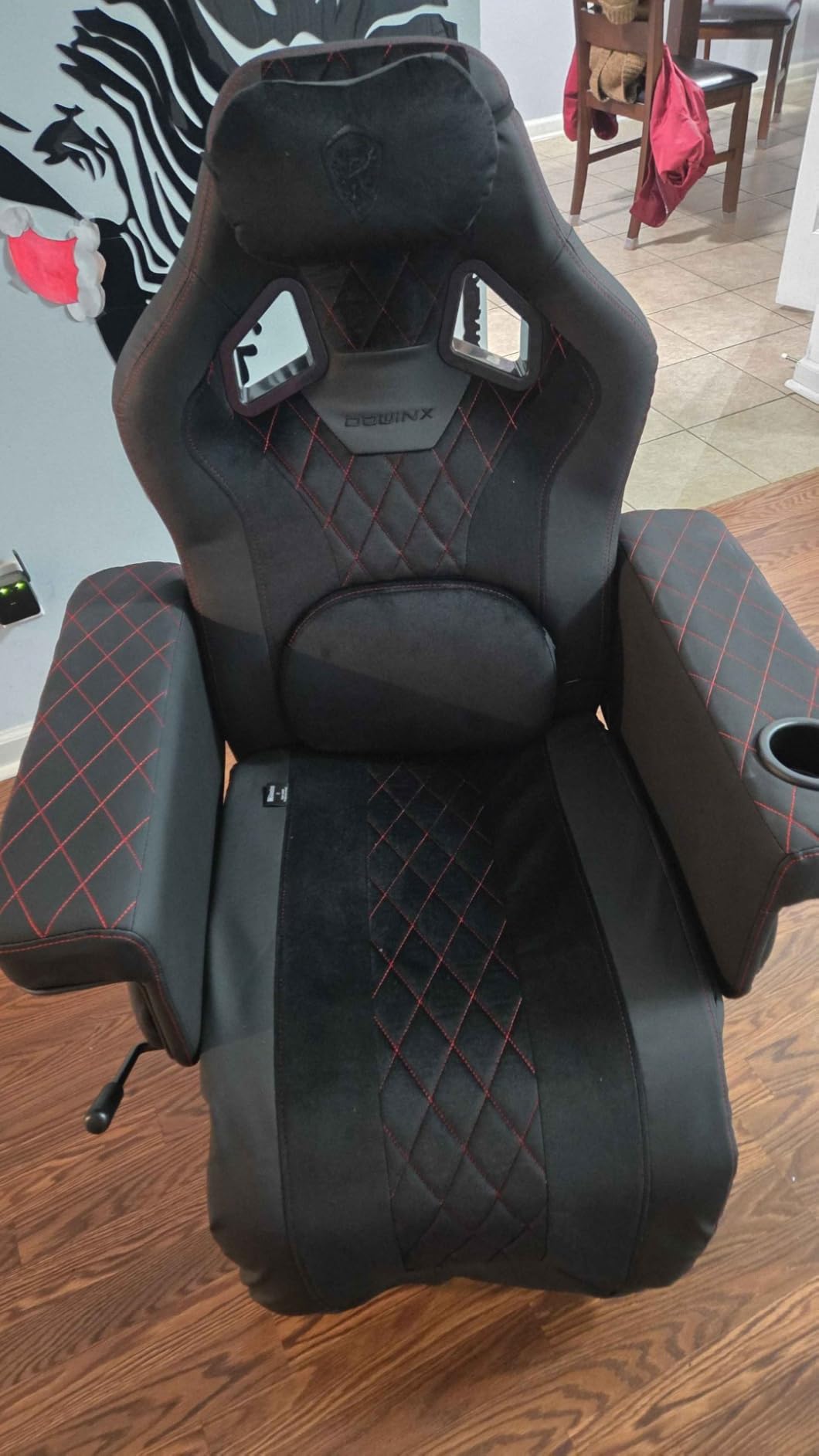 Dowinx Racing Style Gaming Recliner Chair with Massage Lumbar Support, Footrest, Cup Holder, Side Pouch, High Back Ergonomic Video Game Chair Reclining No Wheels Heavy Duty, Black Red Fabric/Leather customer photo 2