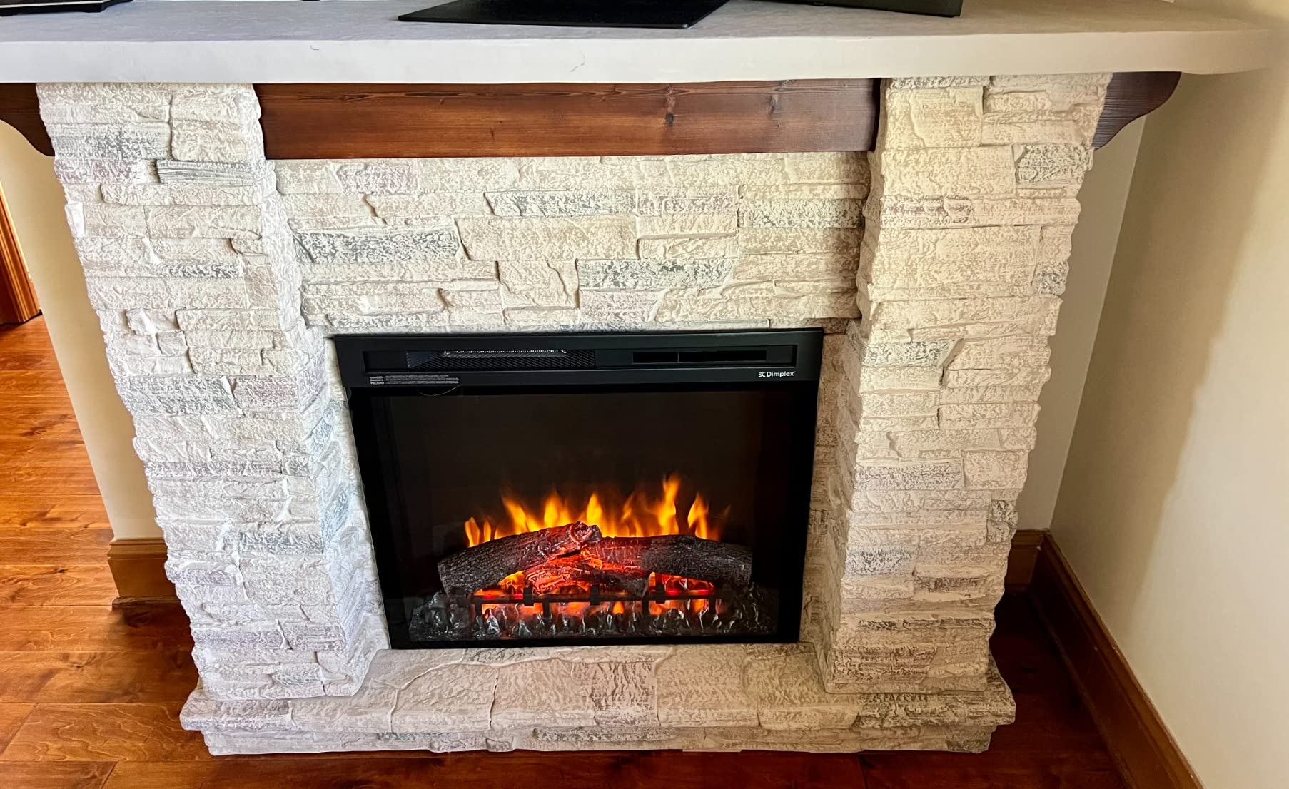 Dimplex Featherston Electric Fireplace with Mantel Surround Package | Pine with Gray Stone-Look, Includes 28