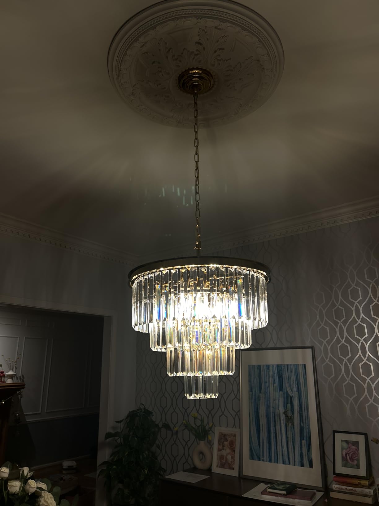 Gold Plated Crystal Modern Contemporary Chandeliers Pendant Ceiling Light 4-Tier Chandelier Lighting for Dining Room Living Room Bedroom Girls Room Dia 18