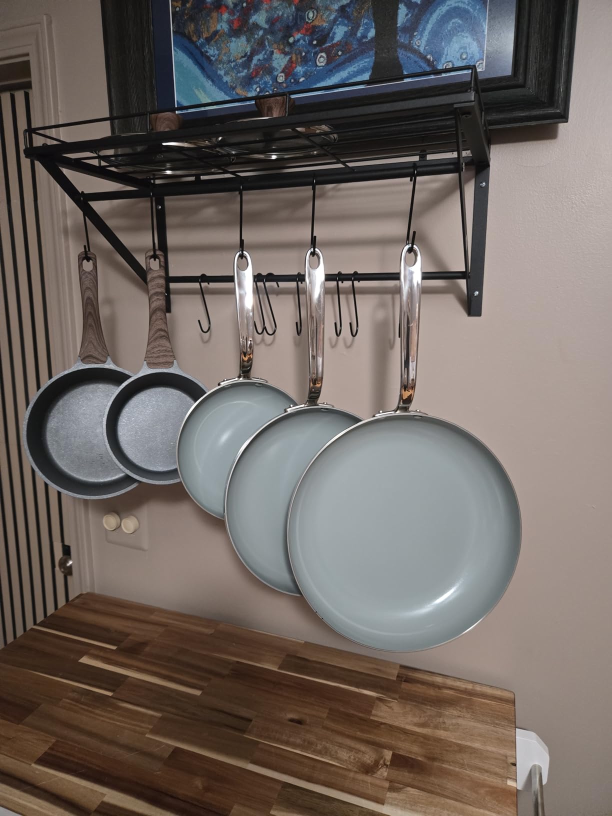 OROPY 23 Inch Wall Mounted Pot Rack Storage Shelf with 2 Tier Hanging Rails 12 S Hooks included, Ideal for Pans, Utensils, Cookware, Plant Black customer photo 2