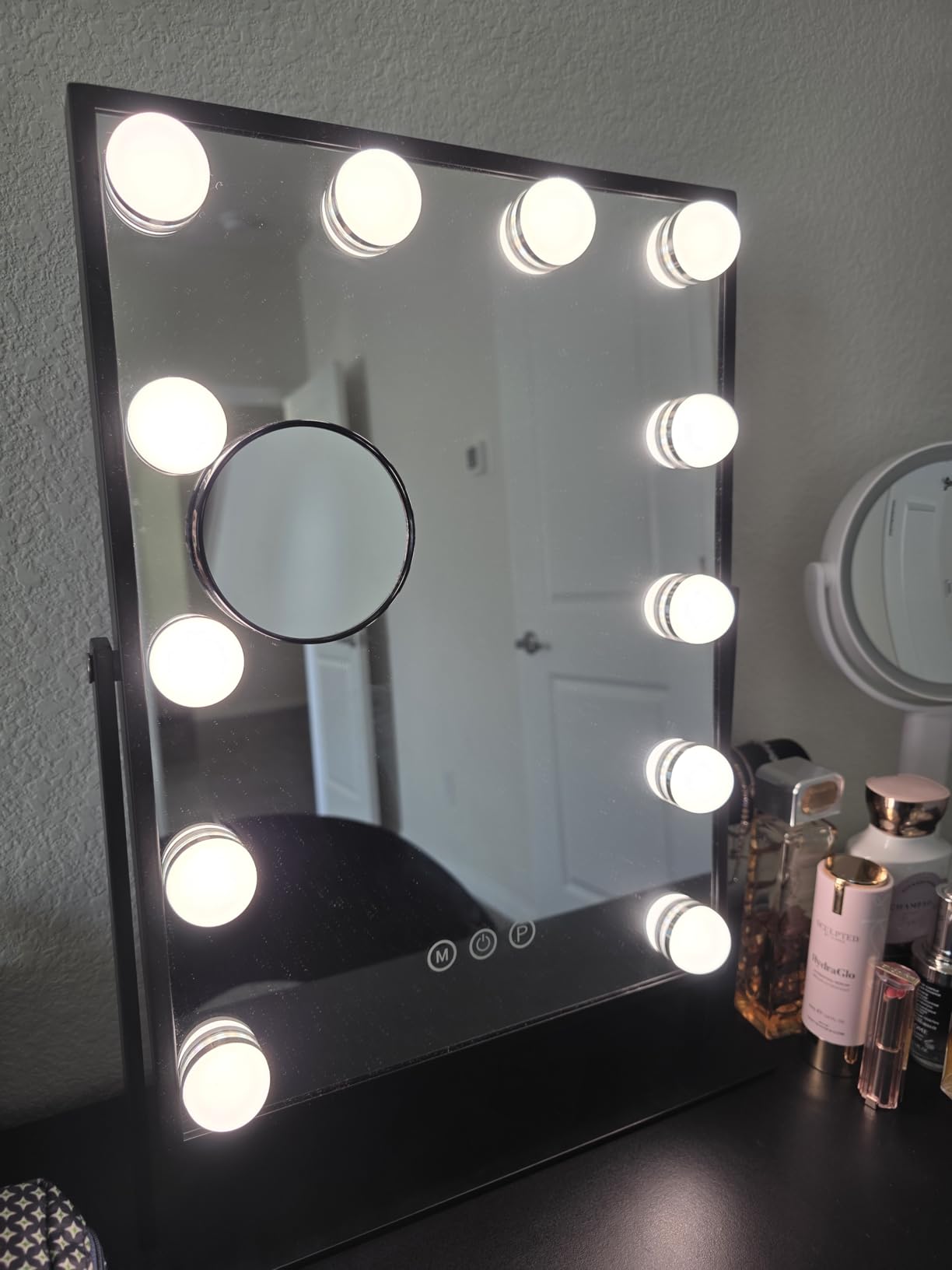 FENCHILIN Vanity Mirror with Lights, 19''x12'' Makeup Hollywood Mirror for Desk with 12 Bulbs Light Smart Touch Control 3 Colors Dimmable Detachable 10X Magnification Tabletop 360 Rotation customer photo 1