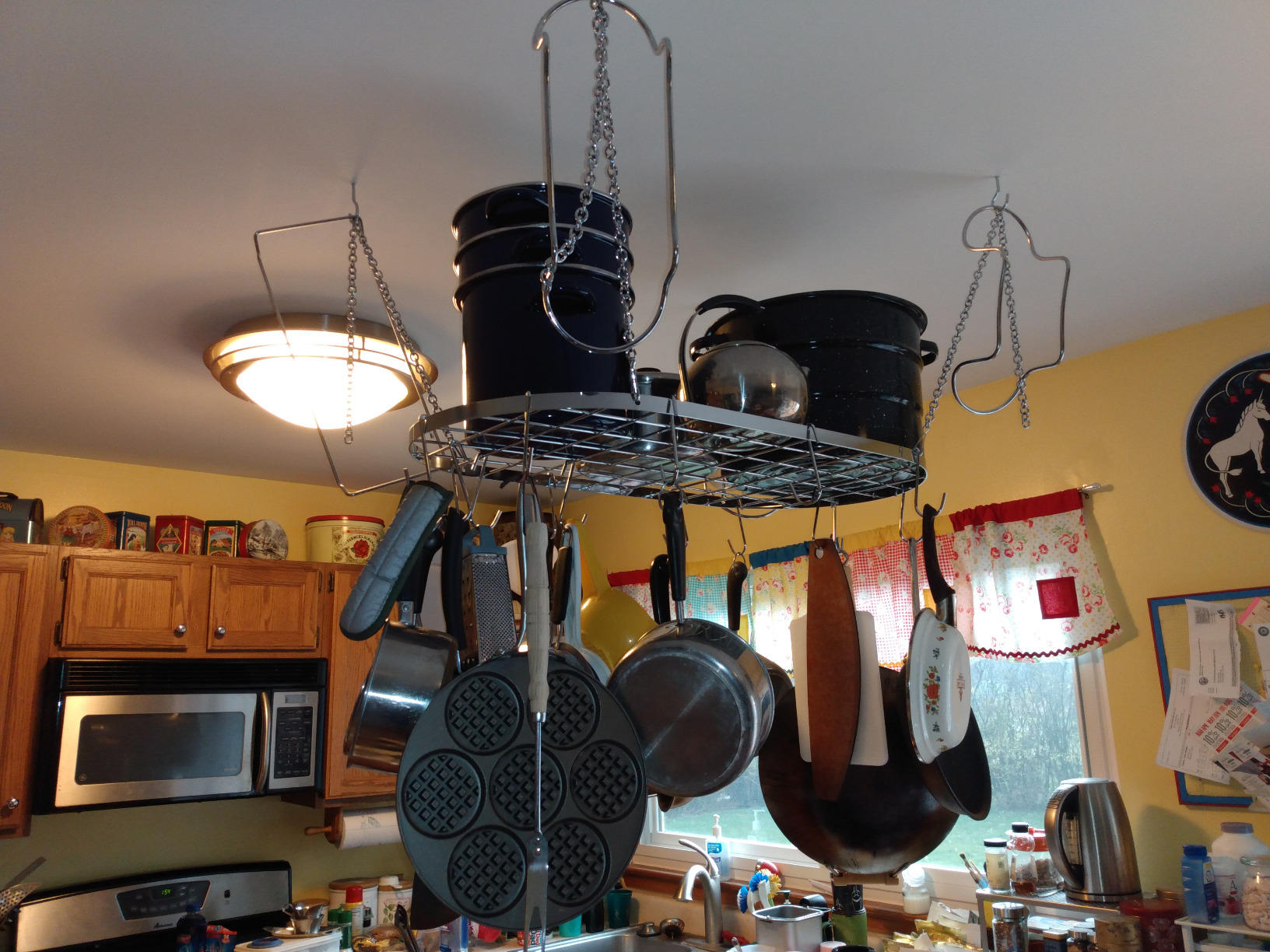 Vdomus Hanging Pot Rack - Ceiling Mount Kitchen Organizer for Pots and Pans with 15 Hooks - 33 x 17 Inches Heavy-Duty Silver customer photo 2