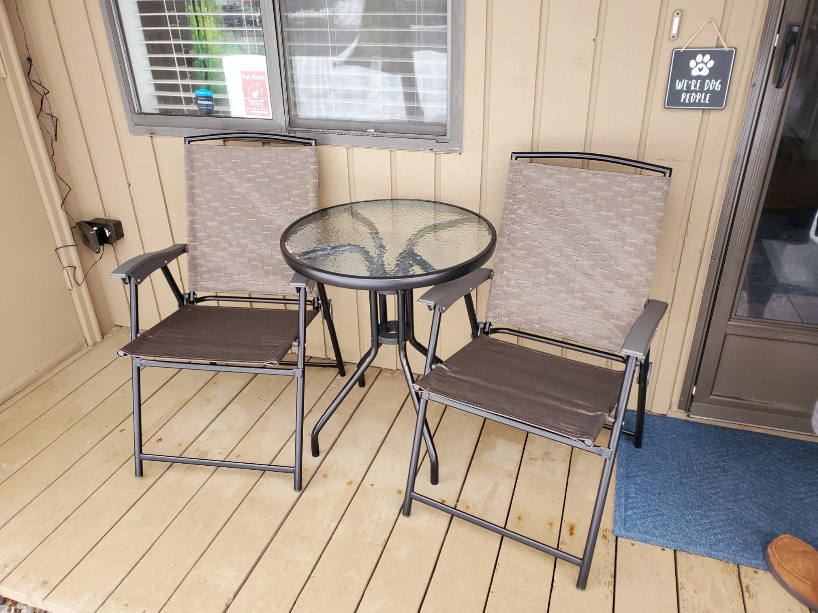 Goplus Patio Bistro Set, 3-Piece Patio Dining Furniture Set with Round Tempered Glass Table, 2 Foldable Chairs, Small Outdoor Folding Chairs & Table Set for Porch Garden Pool Yard customer photo 2