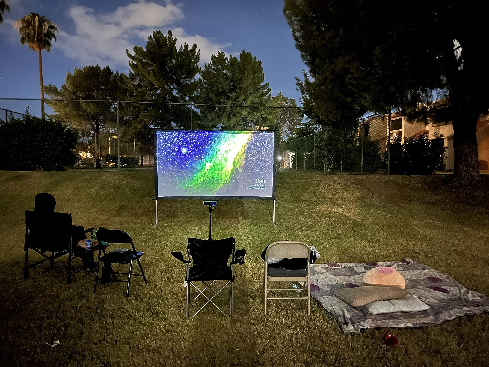 Projector Screen Outdoor, JWSIT 120 inch Outdoor Movie Screen - Upgraded 3 Layers PVC 16:9 Projector Screen, Portable Video Projection Screen with Carrying Bag for Home Theater Backyard customer photo 2