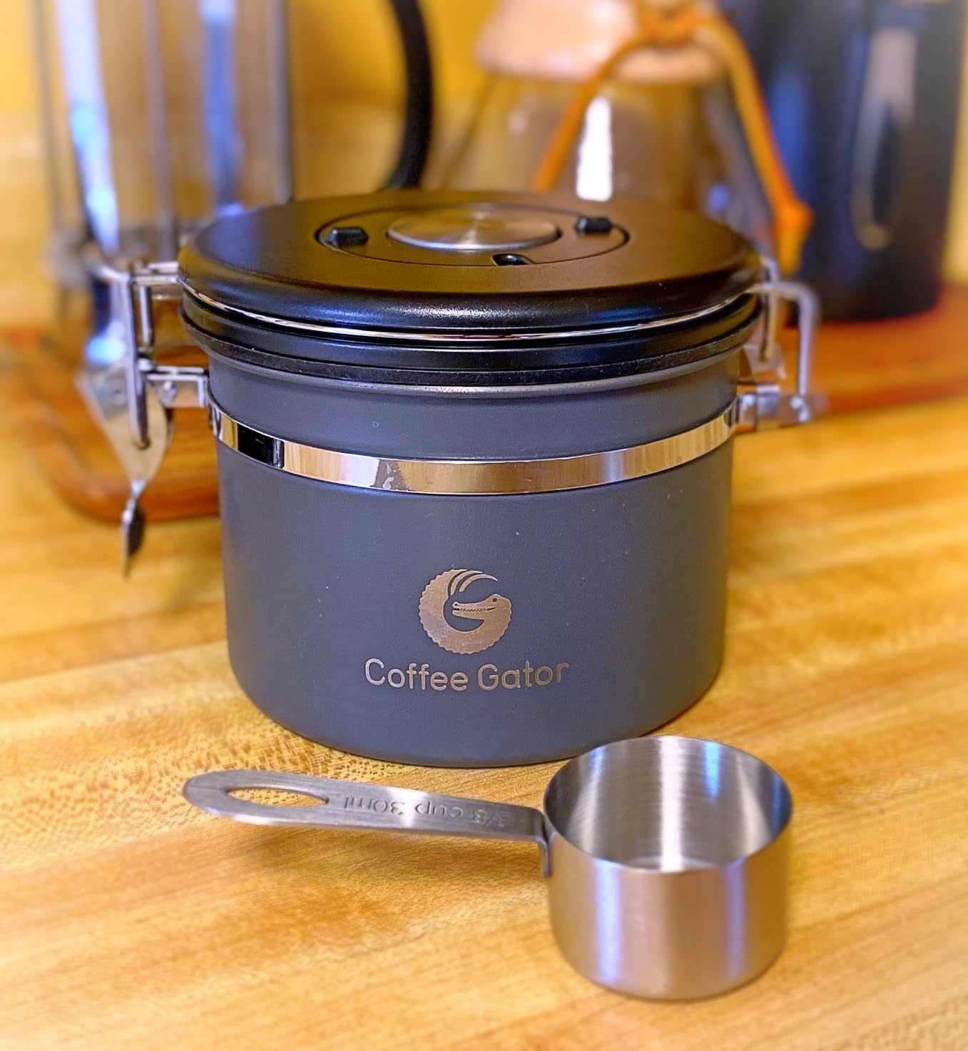 Coffee Gator Stainless Steel Canister - Medium 16oz, Gray Coffee Grounds and Beans Container with Date-Tracker, CO2-Release Valve, and Measuring Scoop - Ideal Coffee Lovers Gifts customer photo 2