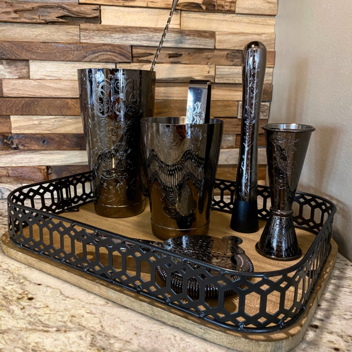 SKY FISH Bartender Kit Cocktail Shaker Set-7 Pieces Stainless Steel Black Plated Etching Bar Tools with Boston Shaker Tins,Mixing Spoon,Mojito Muddler,Japanese Double Jigger,Hawthorne Strainer customer photo 2
