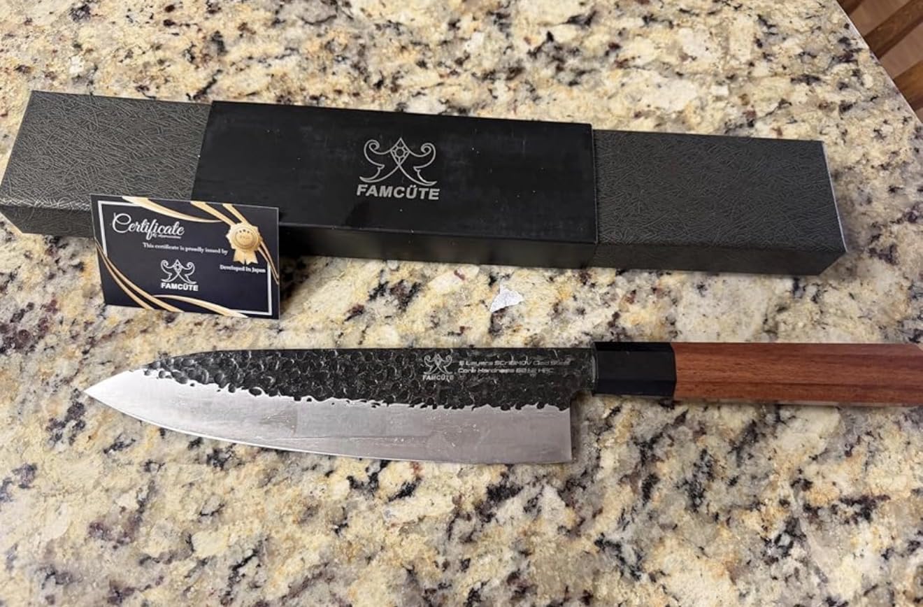 FAMCUTE 8 Inch Japanese Knife, Hand Forged 5 Layers High Carbon 9CR18MOV Steel Rosewood Handle Chef Knife, Ultra Sharp Durable Professional Kitchen Knife customer photo 1