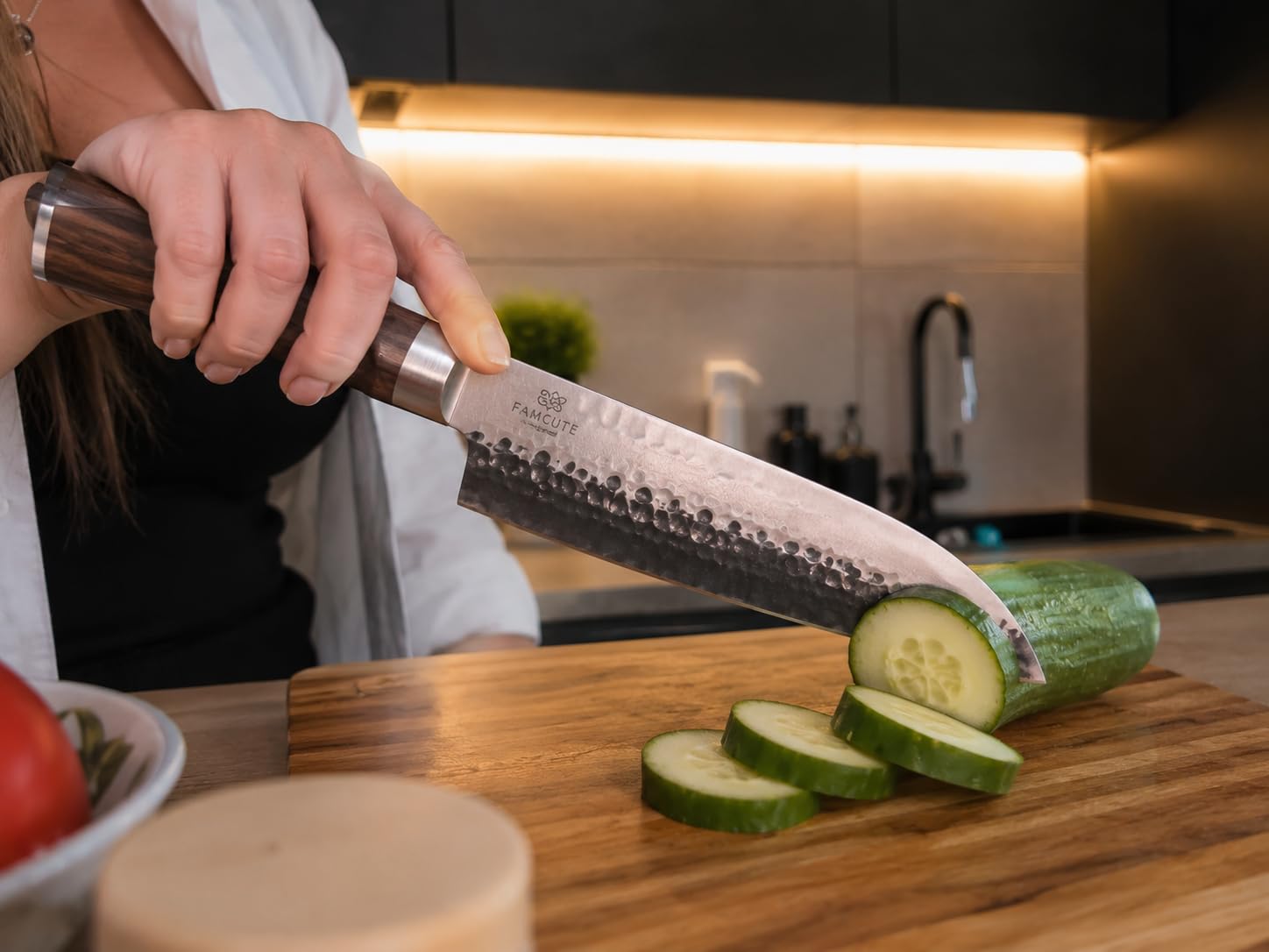 FAMCUTE 8 Inch Japanese Knife, Hand Forged 5 Layers High Carbon 9CR18MOV Steel Rosewood Handle Chef Knife, Ultra Sharp Durable Professional Kitchen Knife customer photo 2