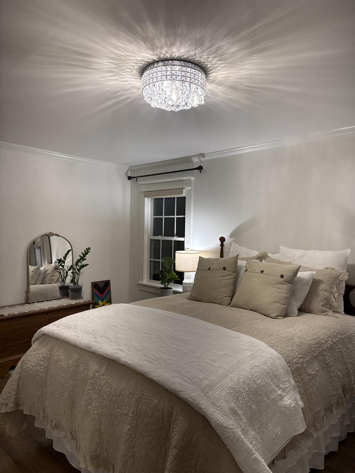 Maxax 4 Lights Crystal Chandelier, Modern Drum Ceiling Light Fixture Lamp, Raindrop Flush Mount Round Metal Shade, for Dining Room, Living Room, Bathroom, Bedroom, Chrome customer photo 2