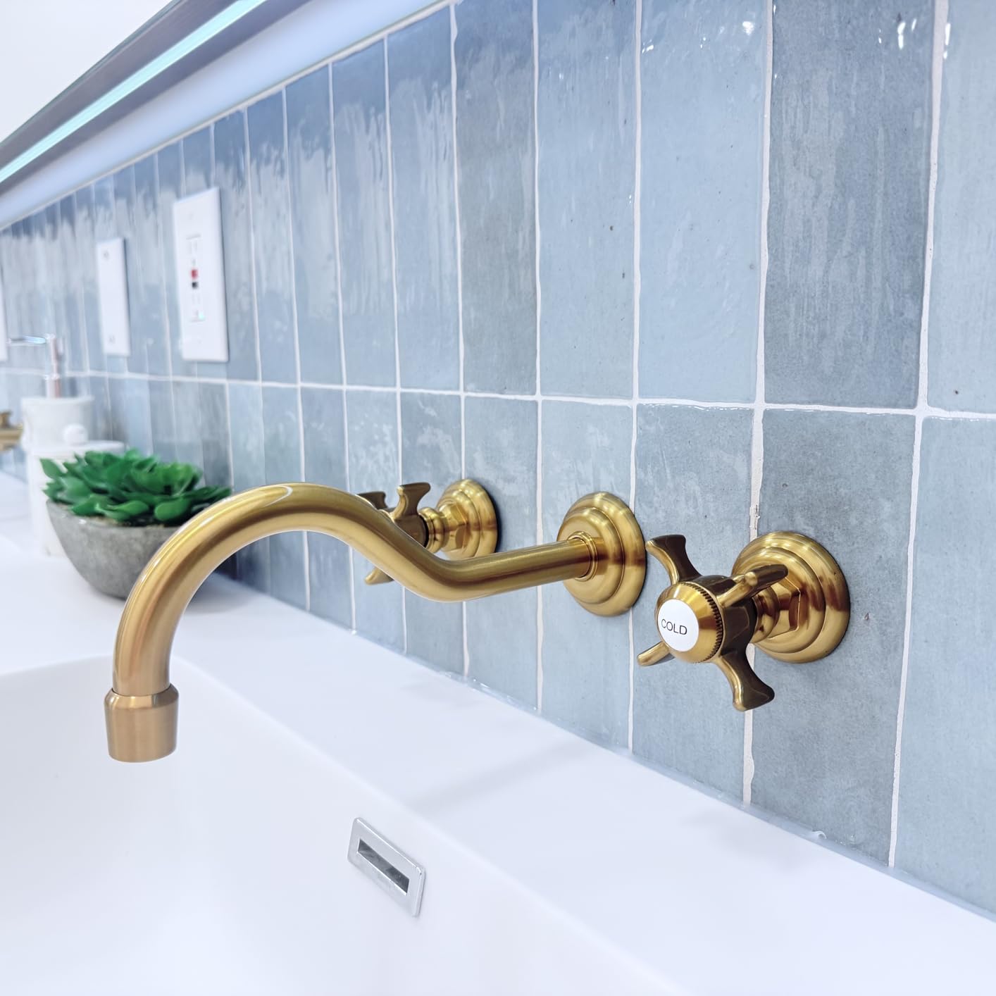 SITGES Antique Wall Faucet,Two Handle Bathroom Sink Wall Mount Faucet with Rough in Valve Included,Gold Brushed customer photo 1