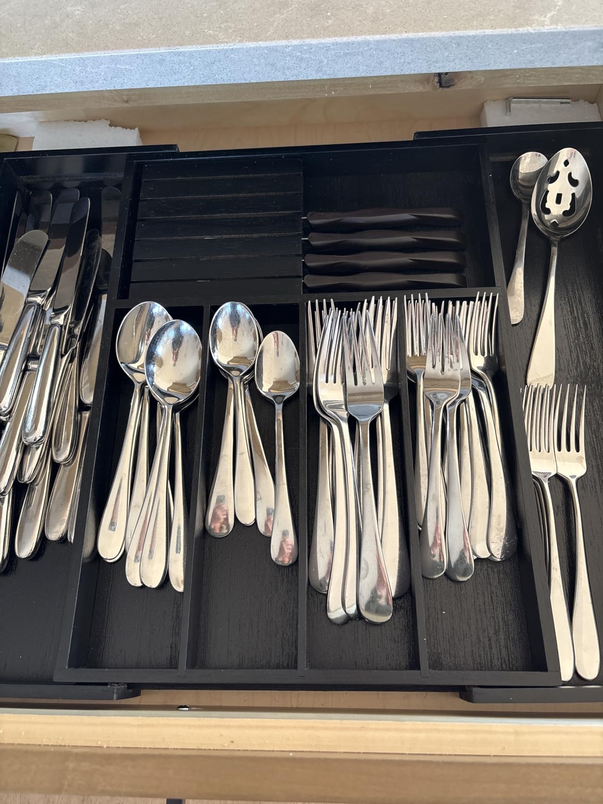 VaeFae Bamboo Silverware Drawer Organizer Kitchen, Expandable Utensil Organizer with Knife Block, Cutlery Tray with Divider, Multifunctional Drawer Organizer customer photo 1