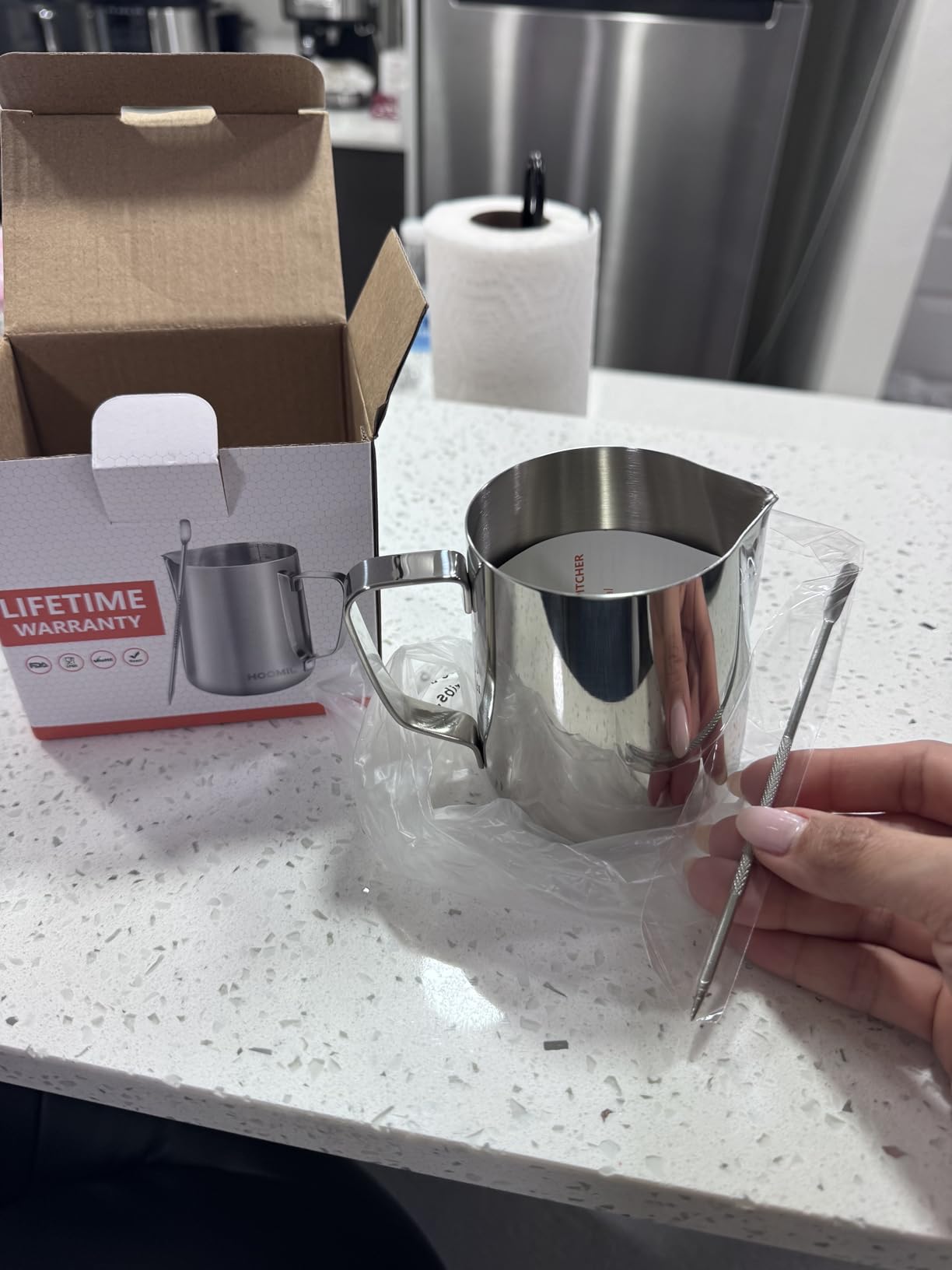 HOOMIL Milk Frothing Pitcher, 12oz/20oz/32oz Stainless Steel Steaming Pitcher Barista Milk Frother Cup Jug for Espresso Machine Coffee Cappuccino Latte Art - 12oz customer photo 2