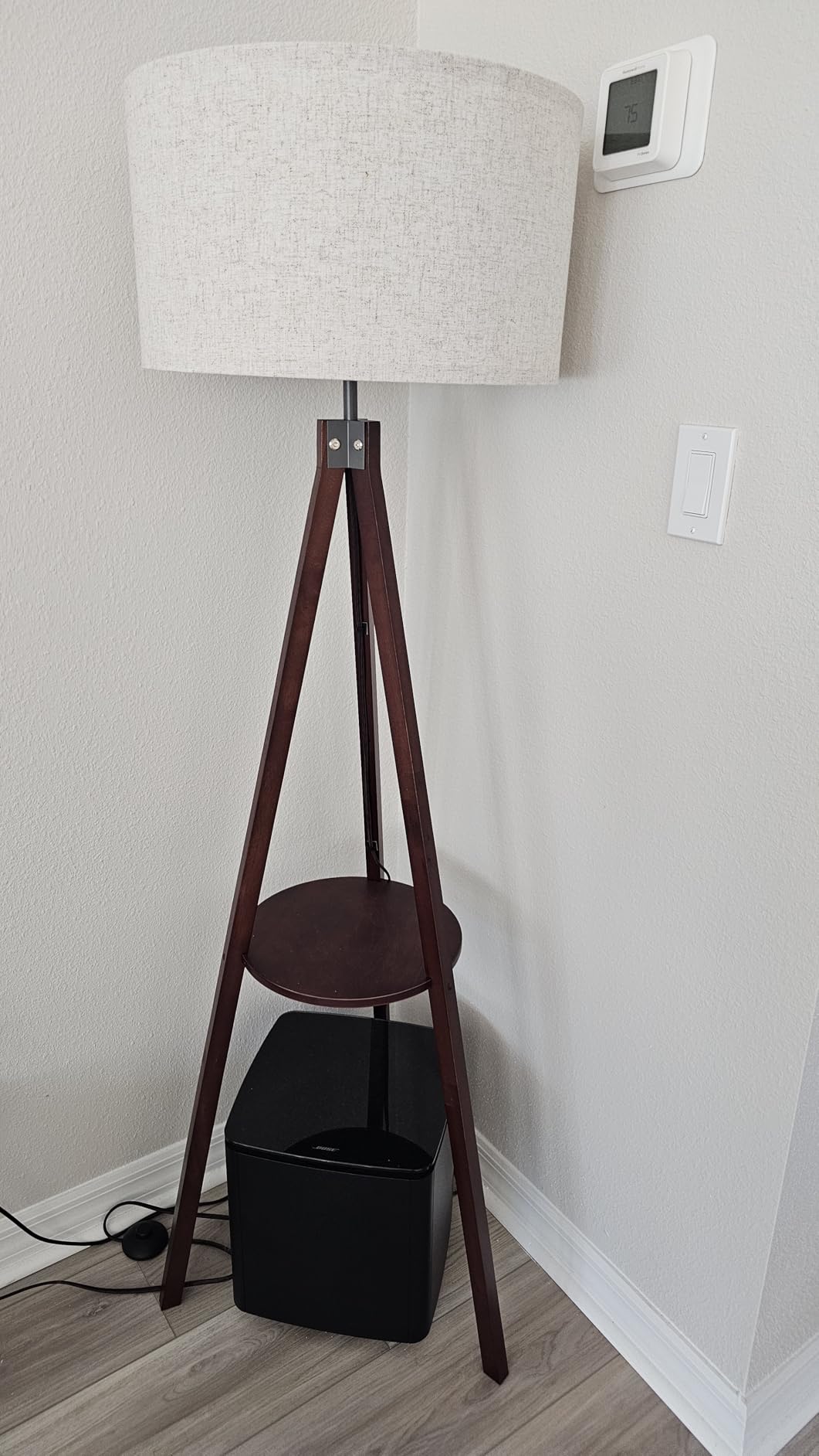 LEPOWER Tripod Floor Lamp, Mid Century Wood Standing Lamp, Modern Design Shelf Floor Lamp for Living Room, Bedroom, Office, Flaxen Linen Shade with E26 Lamp Base Walnut customer photo 1