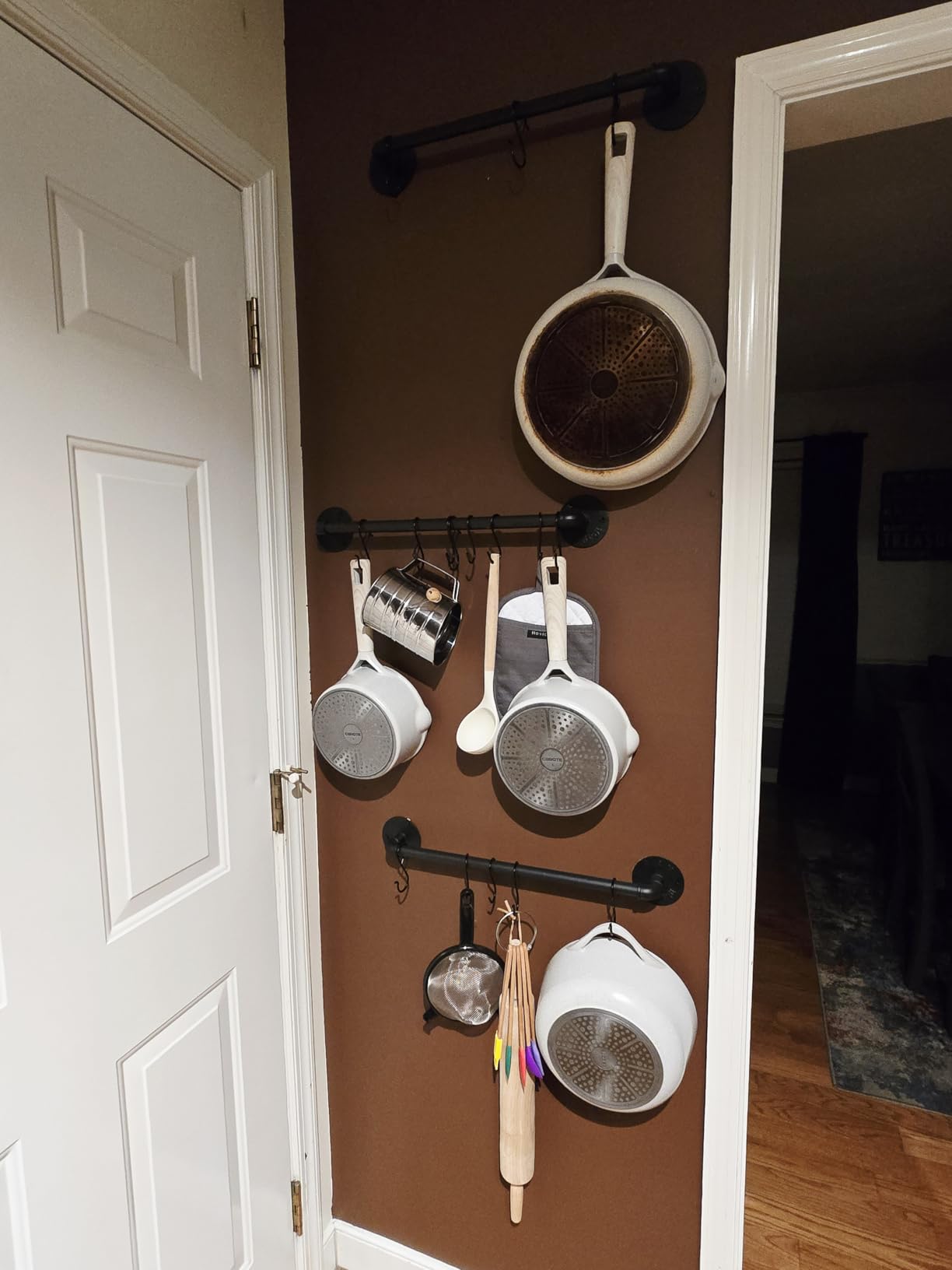 OROPY Wall Mounted Pot Pan Rack 21 in Set of 2, Industrial Utensils Wall Hanger Iron Pipe Kitchen Hanging Rail with 10 S Hooks customer photo 2