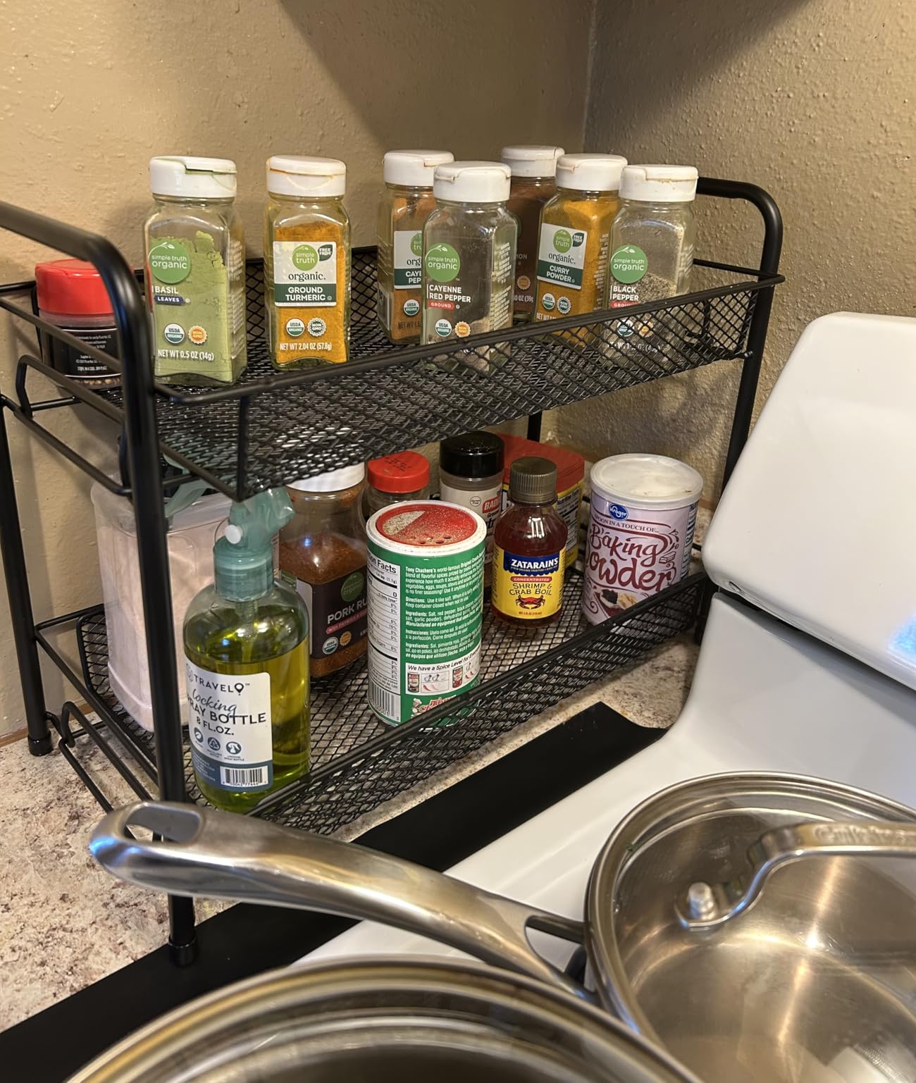 Spice Rack Organizer for Countertop, Xpatee 2-Tier Foldable Metal Rust-Proof Standing Large Seasoning Storage Shelf with Guardrail and Mesh Design for Kitchen Cabinet Bathroom Living Room Pantry, Black customer photo 1