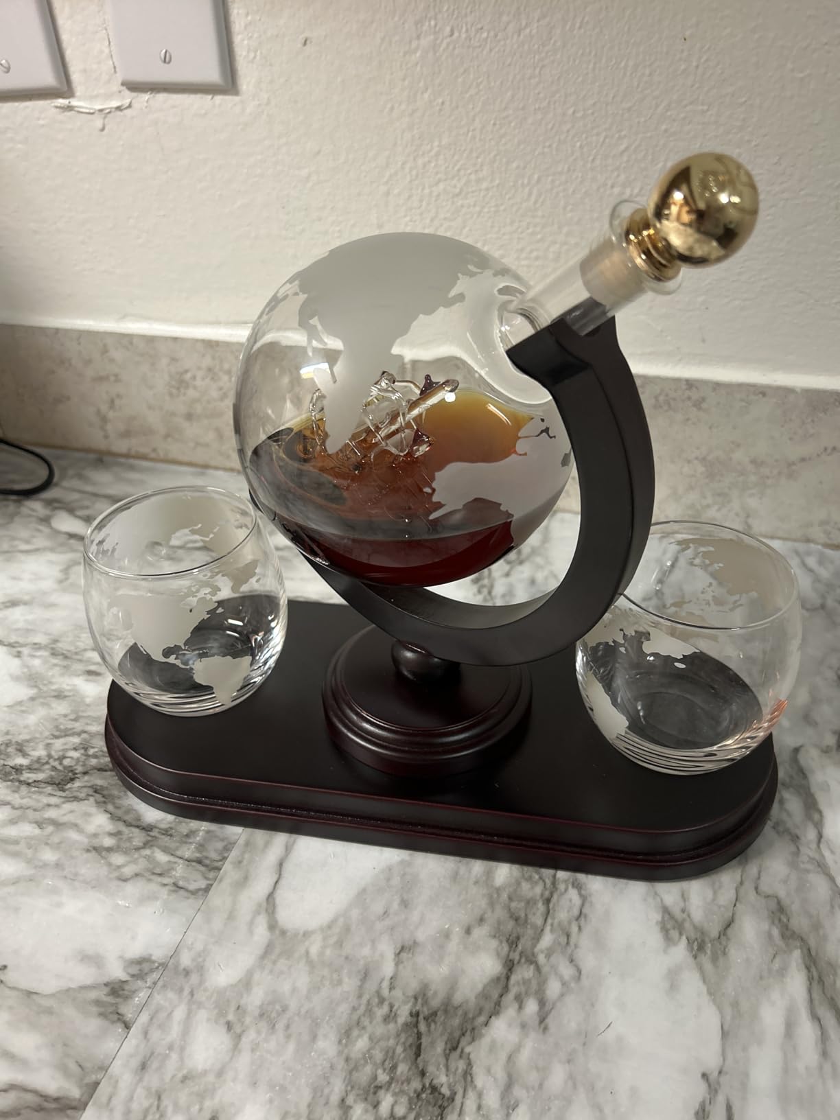 Globe Whiskey Decanter Gift Set by Royal Reserve | Etched World Map Globe Decanter 29 oz 850 ml with Glasses for Bourbon, Liquor - Whiskey Gifts for Men Dad Boyfriend Husband customer photo 1