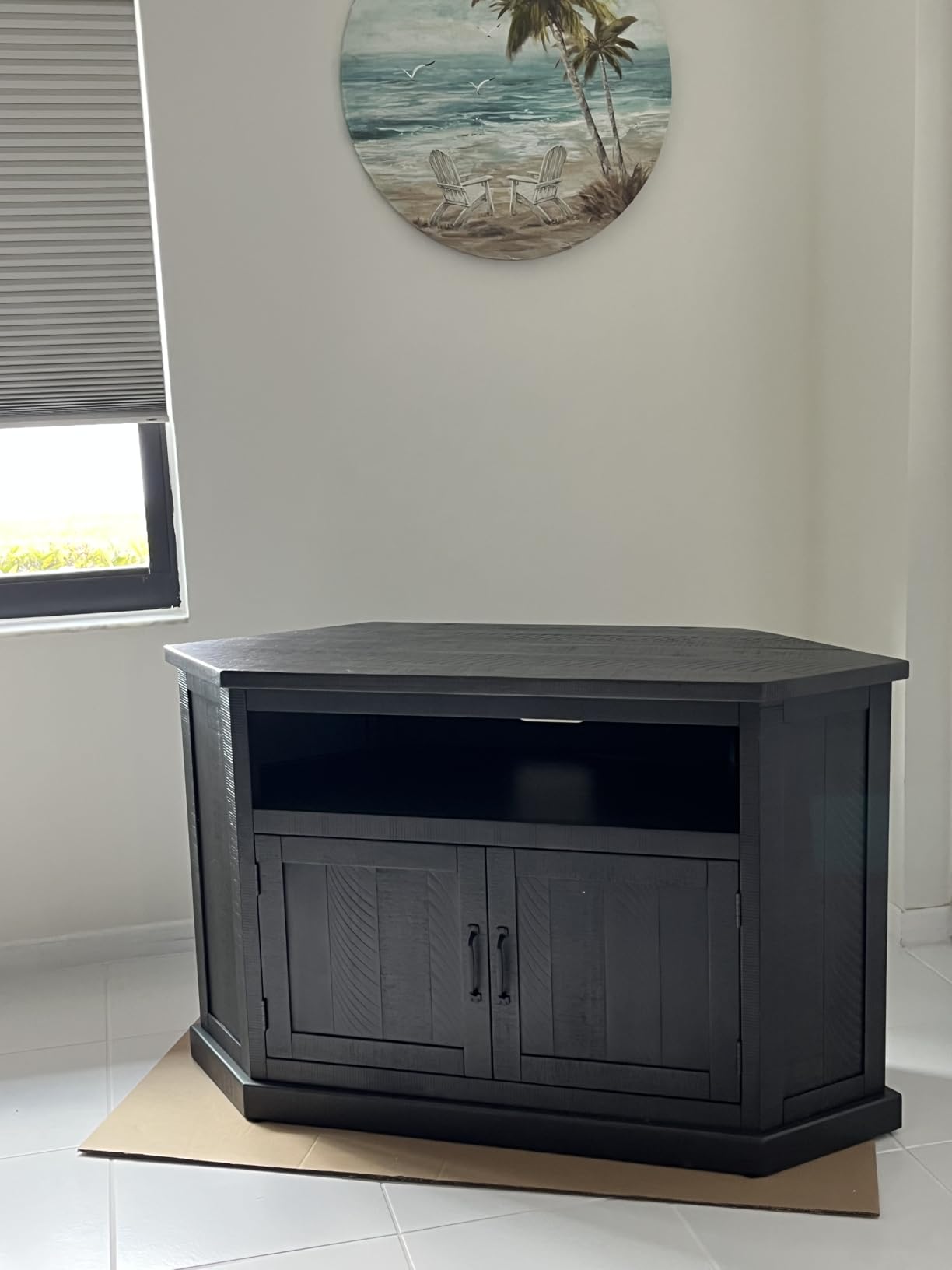 Martin Svensson Home Rustic Solid Wood Corner TV Stand - Entertainment Center White Stain with Grey Stain Top customer photo 1