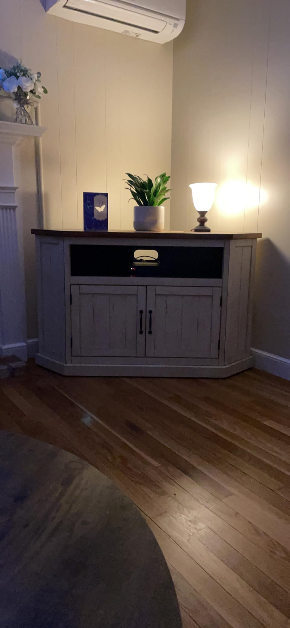 Martin Svensson Home Rustic Solid Wood Corner TV Stand - Entertainment Center White Stain with Grey Stain Top customer photo 2
