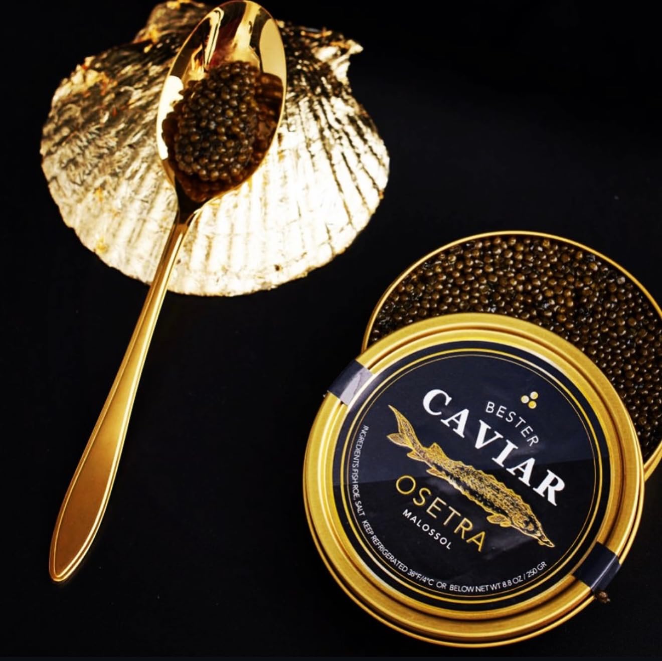BESTER CAVIAR Luxury Osetra Trio Gift Set - 3 Tins with Mini Blinis (30 pcs), 2 Spoons & Cooler Box customer photo 1
