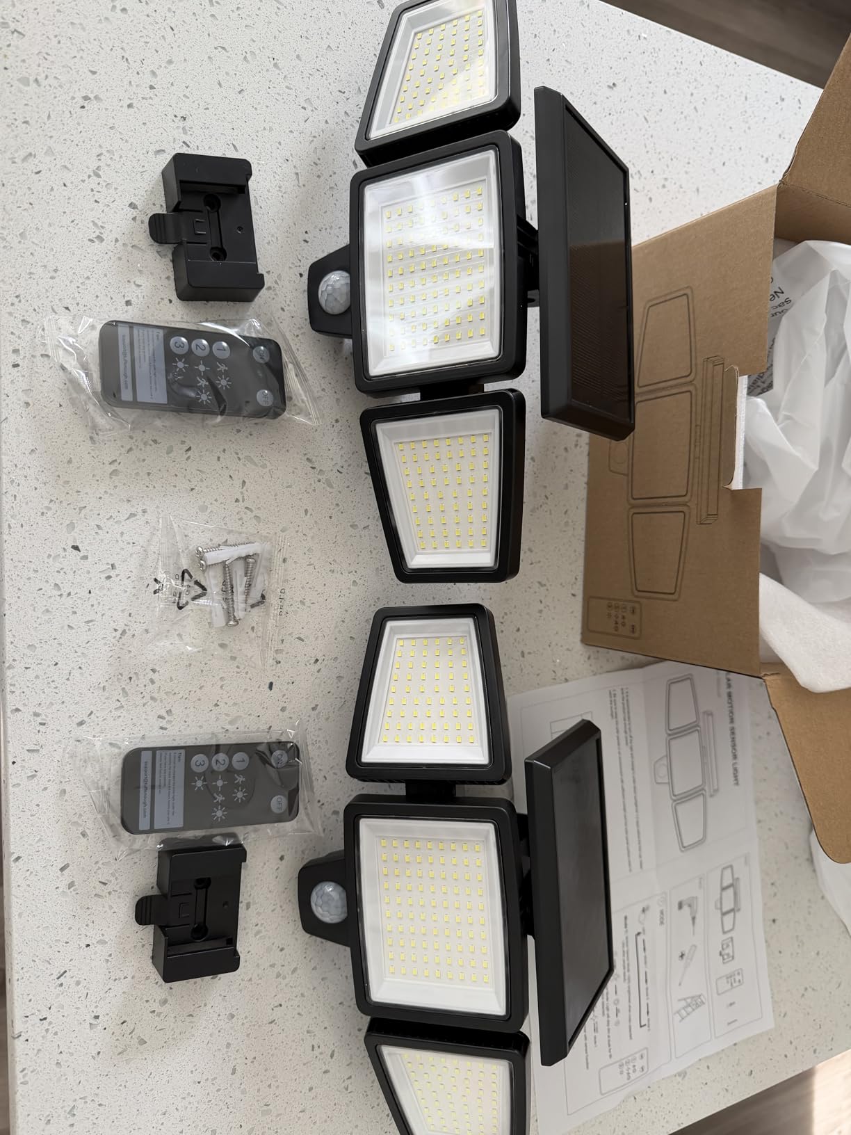 Tuffenough Solar Outdoor Lights 2500LM 210 LED Security Lights with Remote Control,3 Heads Motion Sensor Lights, IP65 Waterproof,270° Wide Angle Flood Wall Lights with 3 Modes(2 Packs) customer photo 1