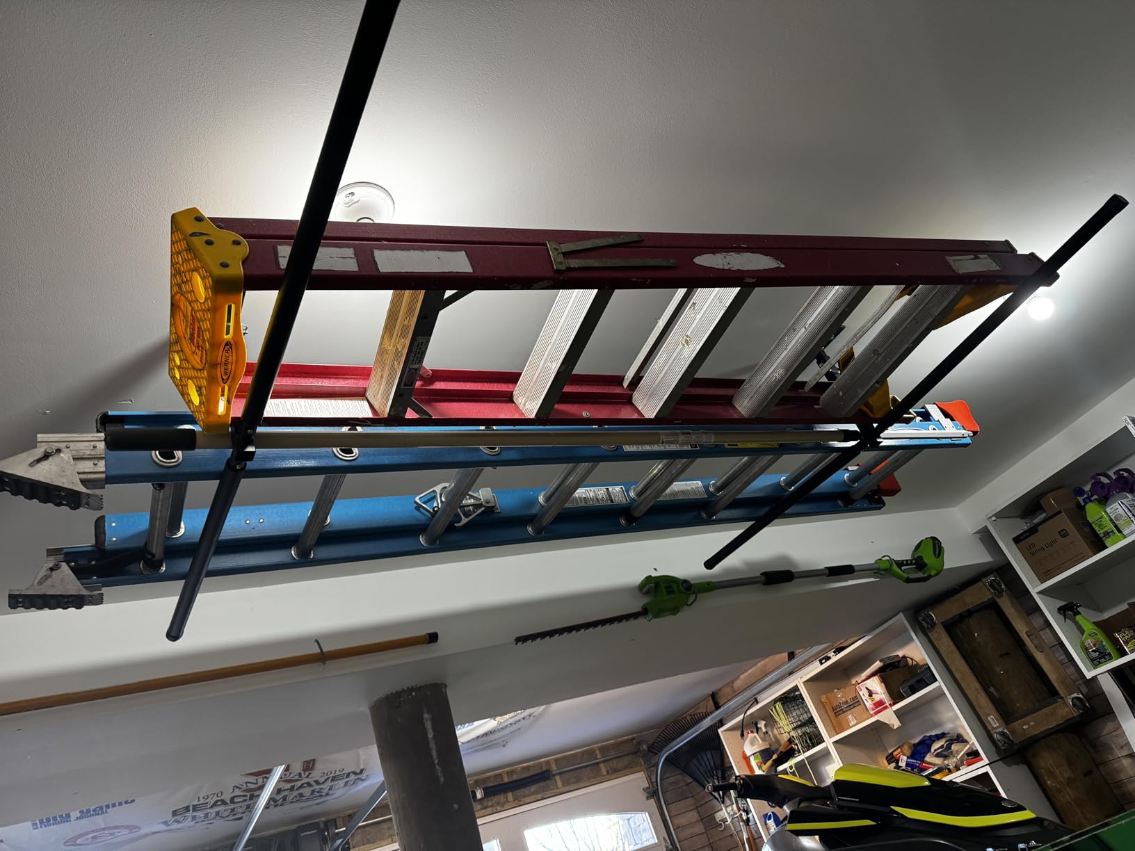 StoreYourBoard Adjustable Overhead Ladder Rack - Garage Organizer Ladder Shelf for Step & Extension Ladders - Storage Racks and Shelving for Garage Organization - Ceiling Mounted - Holds 75 lbs customer photo 2