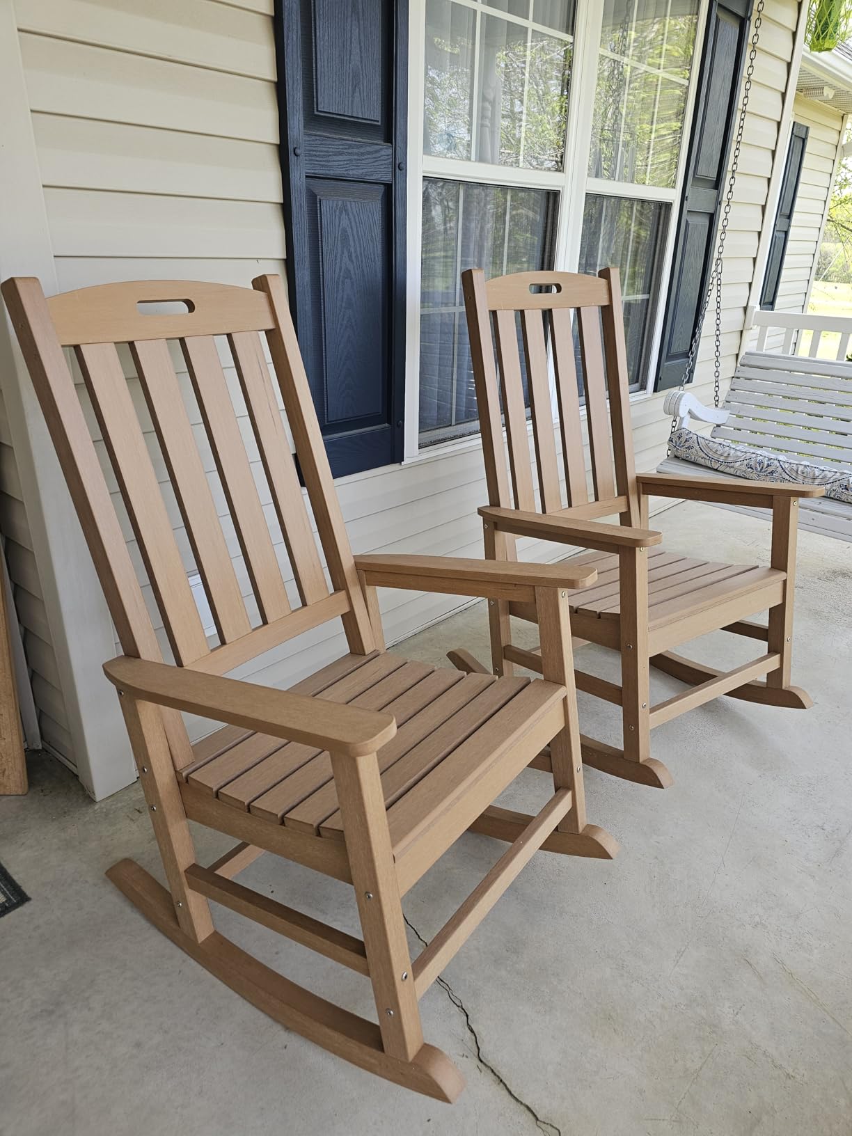 Psilvam Oversized Outdoor Rocking Chair, HDPE Porch Rocker Chairs for Adults, All Weather Resistant Rocking Chairs for Patio Lawn Garden, 350lbs Weight Capacity (Brown) customer photo 2