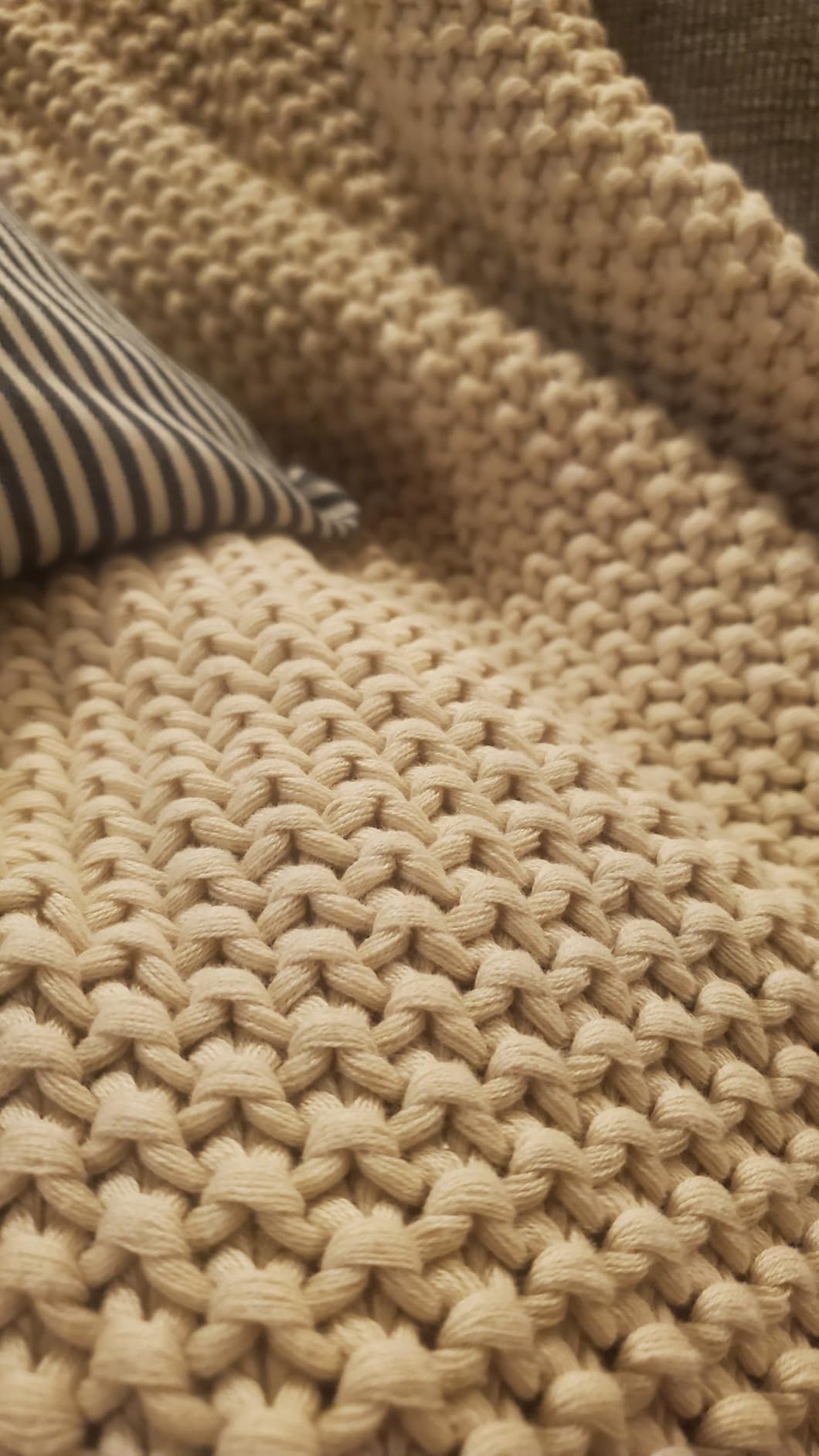 Chunky Cable Knit Throw Blanket Lightweight Beige 100% Organic Cotton Blanket for Sofa Couch Bed Baby Nursery, Rustic Shabby Chic Modern Farmhouse, 51