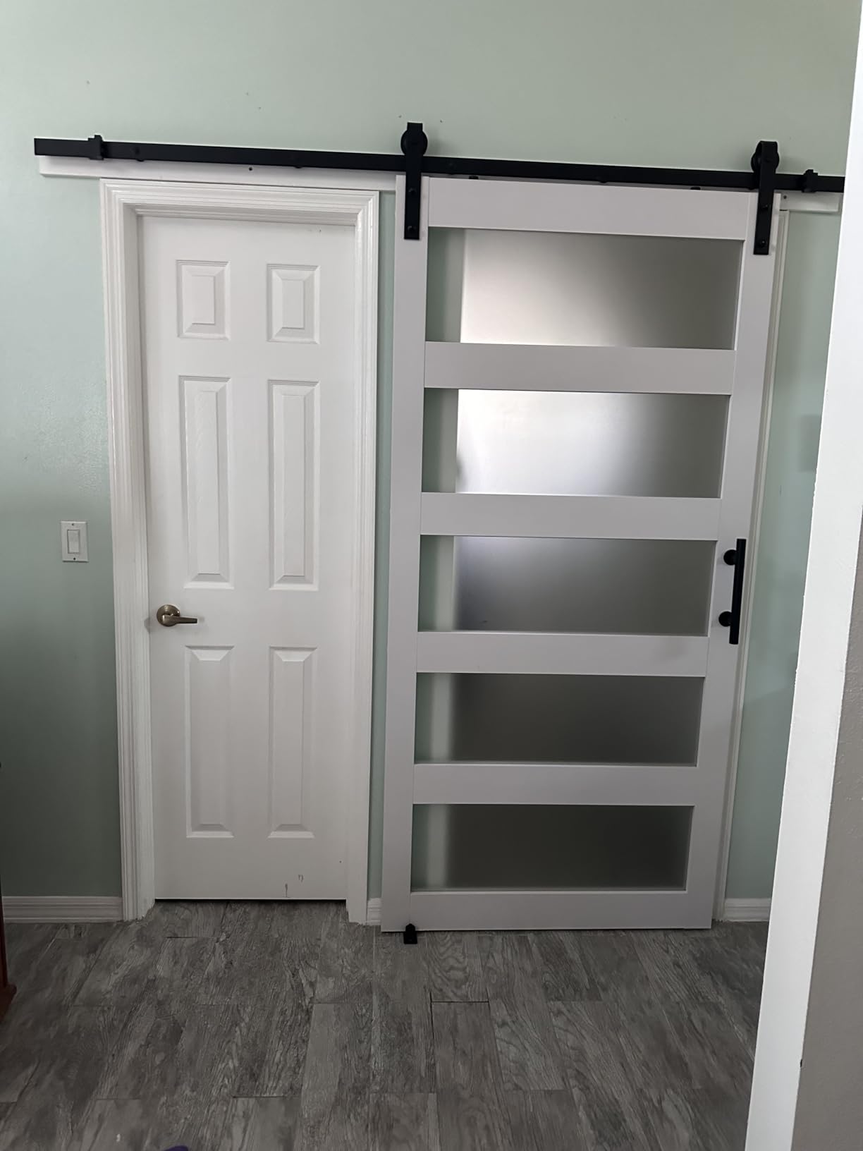 34in x 84in 5-Panel Sliding Glass Barn Door with 6ft Hardware Kit Included, Easy Assembly with Pre-Drilled Holes, Waterproof, Frosted Glass for Bathroom-Fit Max Opening 32in x 82in, White customer photo 2