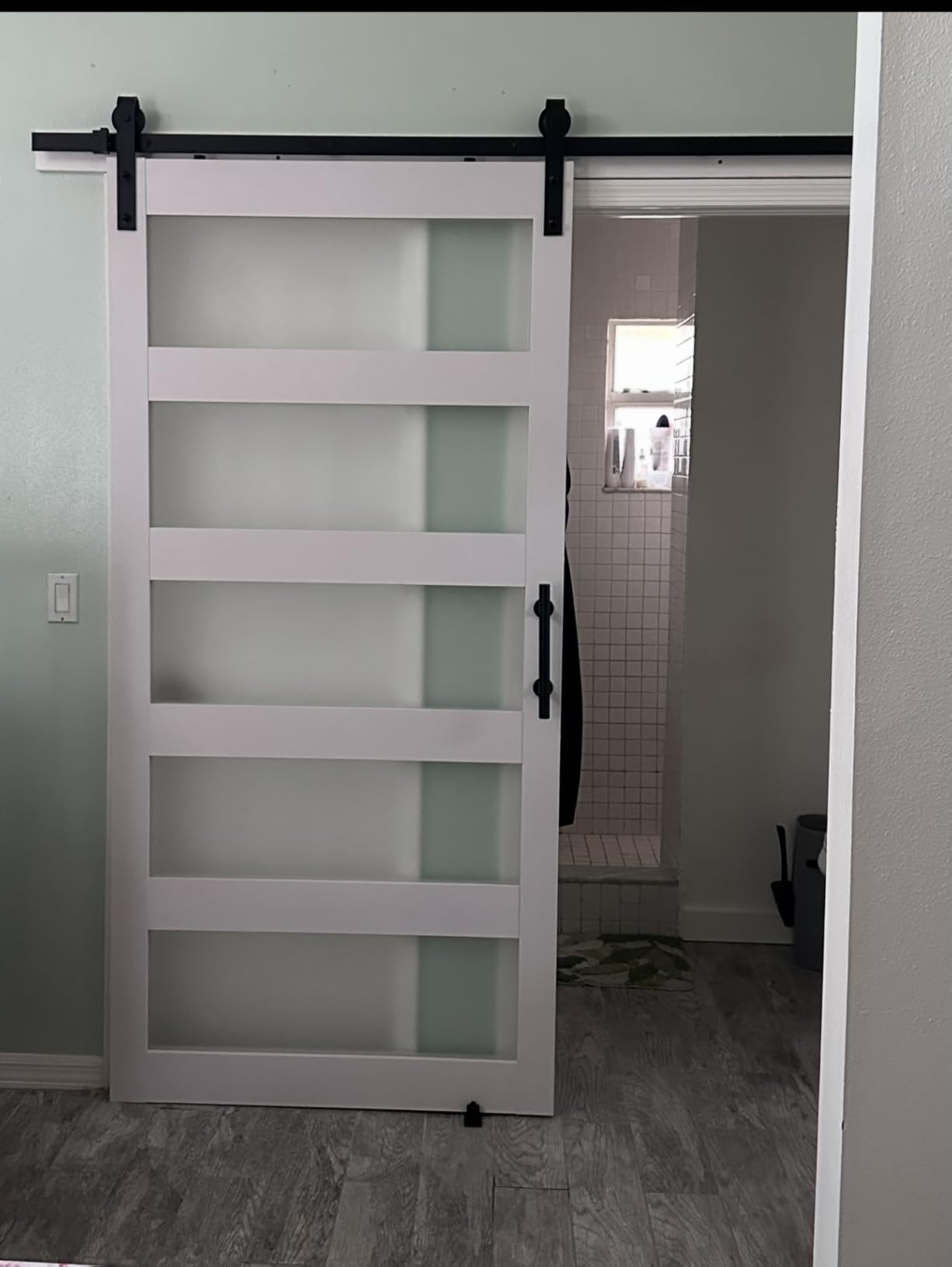 32in x 84in 5-Panel Sliding Glass Barn Door with 6ft Hardware Kit Included, Easy Assembly with Pre-Drilled Holes, Waterproof, Frosted Glass for Bathroom-Fit Max Opening 30in x 82in, White customer photo 1