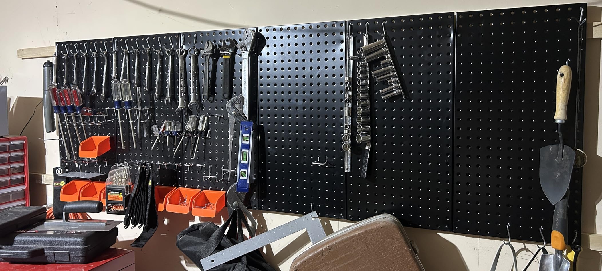 TORACK 3 PCS Metal Pegboard Panels for Wall Garage Utility Tools Storage Pegboard for Workbench, Shop, Modular Peg Board Tool Organizer Boards (Pack of 3, Black) customer photo 1