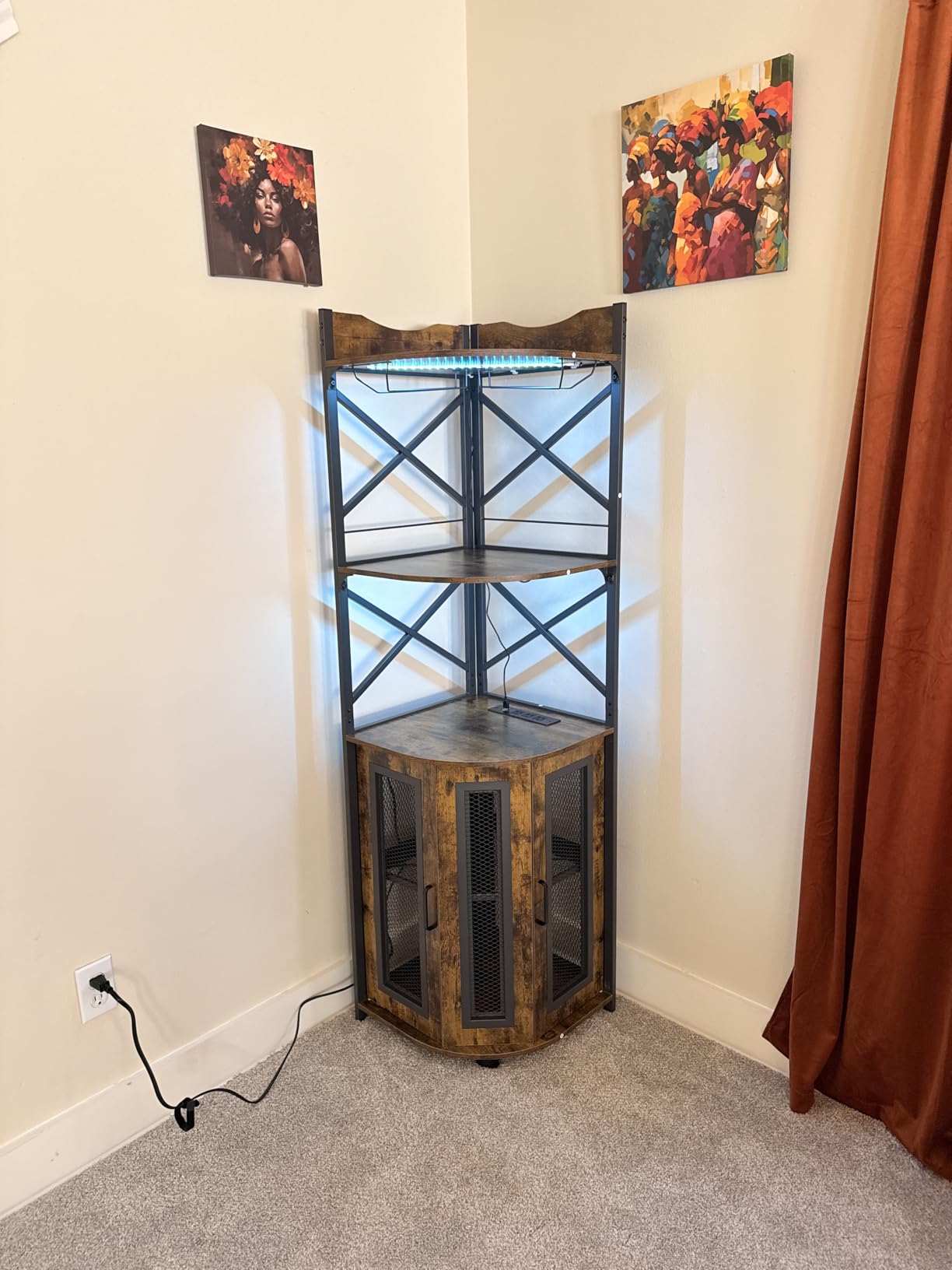 Aheaplus Corner Bar Cabinet with Power Outlet, Industrial Wine Cabinet with LED Strip and Glass Holder, 5-Tiers Liquor Cabinet Bar Unit for Home, Corner Display Cabinet for Small Space, Rustic Brown customer photo 1