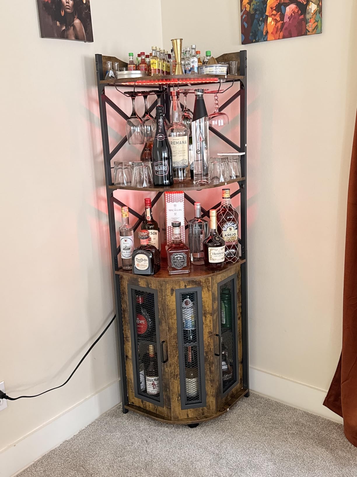 Aheaplus Corner Bar Cabinet with Power Outlet, Industrial Wine Cabinet with LED Strip and Glass Holder, 5-Tiers Liquor Cabinet Bar Unit for Home, Corner Display Cabinet for Small Space, Rustic Brown customer photo 2