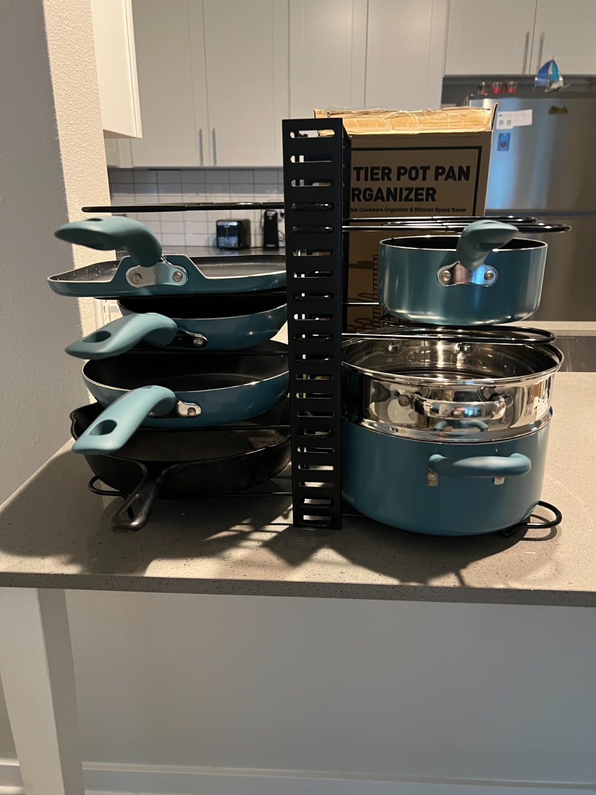 MUDEELA Pots and Pans Organizer Rack under Cabinet 14.55in Height, 8-Tiers Adjustable Pot Rack with 3 DIY Methods, Pot Lid Organizer inside Cabinet for Kitchen Pantry Organization and Storage customer photo 2