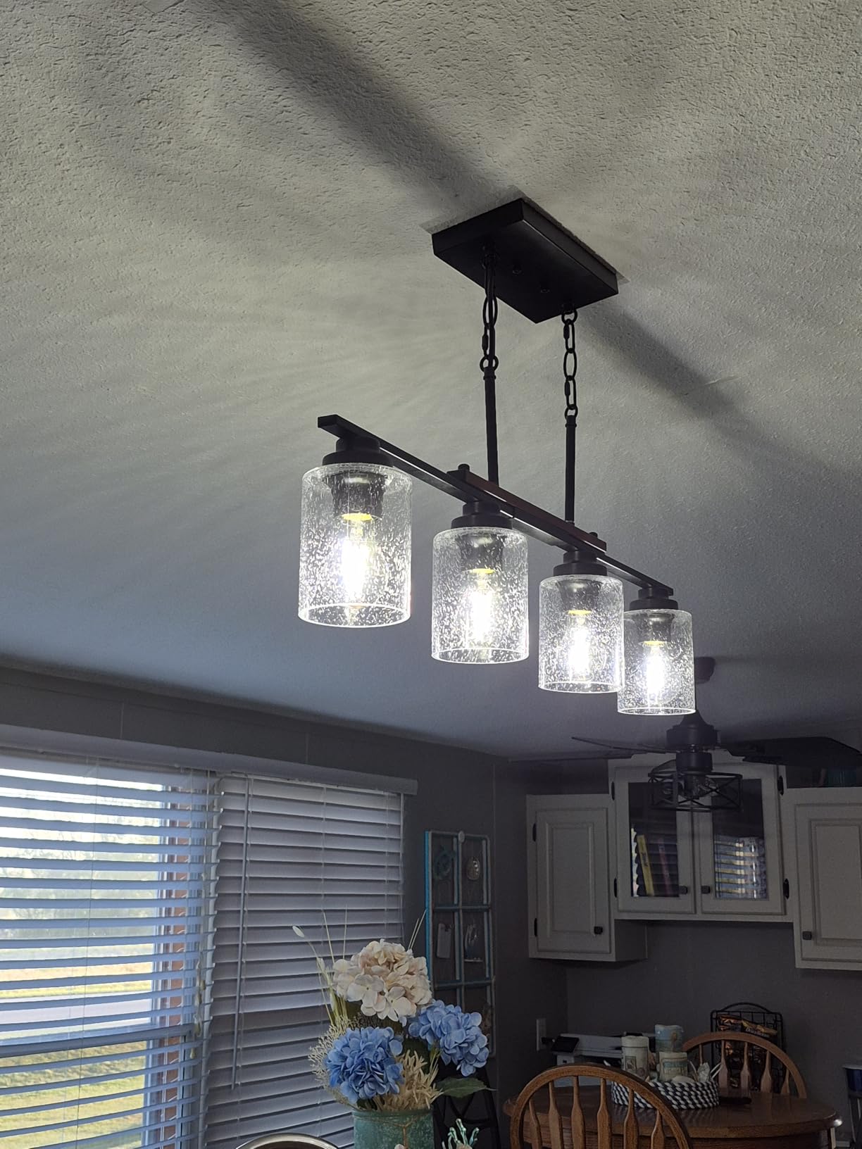 Amico Dining Room Light Fixture 5-Light Kitchen Island Lighting with Adjustable Rods, Farmhouse Decor Black Metal & Wood Chandelier with Seeded Glass Shade, Island Lights for Kitchen customer photo 1