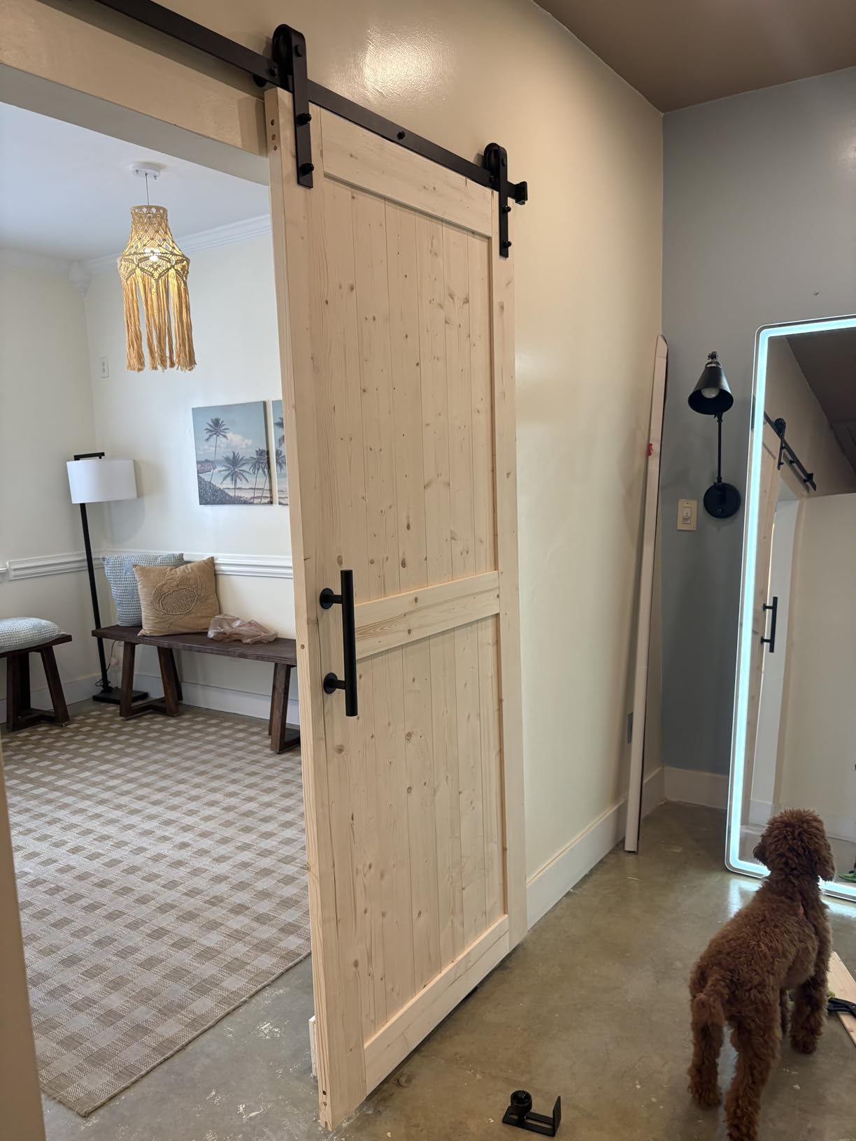 SMARTSTANDARD 36in x 84in Sliding Barn Door with 6.6ft Barn Door Hardware Kit Included, Unfinished Solid Spruce Wood Door, Assembly Required, DIY, Stainable, Natural customer photo 1