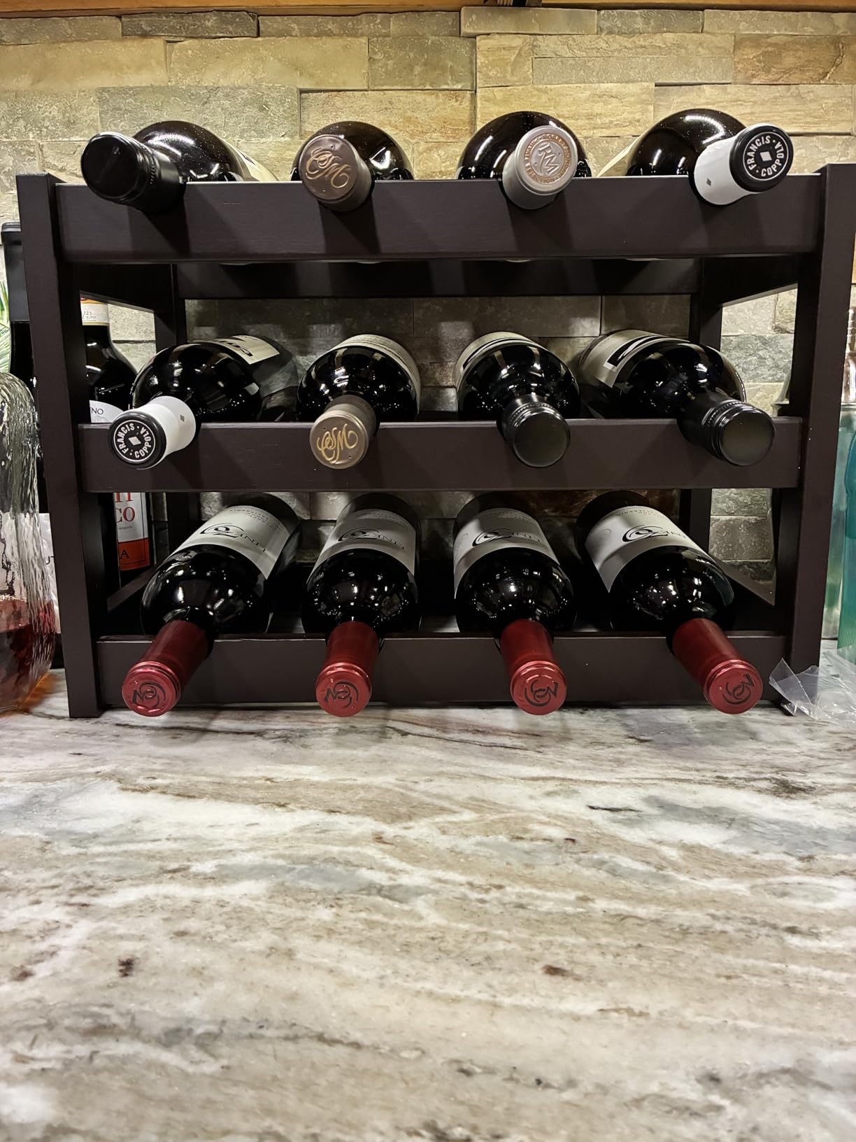 VASMIA Wine Rack Freestanding Floor, 6-Tier Display Wine Storage Shelves with Table Top, 24-Botttle Bamboo Wine Rack Shelf for Kitchen Bar Dining Room Living Room, Black customer photo 2