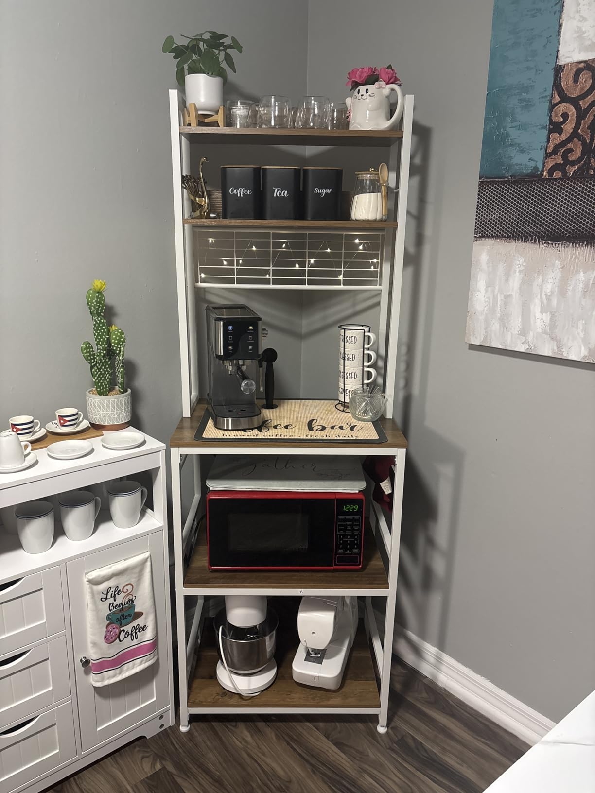 VASAGLE Bakers Rack with Power Outlet, Microwave Stand, Kitchen Tall Utility Storage Shelf, with Metal Wire Panel, 14 Hooks, 15.7 x 23.6 x 66.9 Inches, Rustic Brown and Ink Black UKKS037B01 customer photo 2