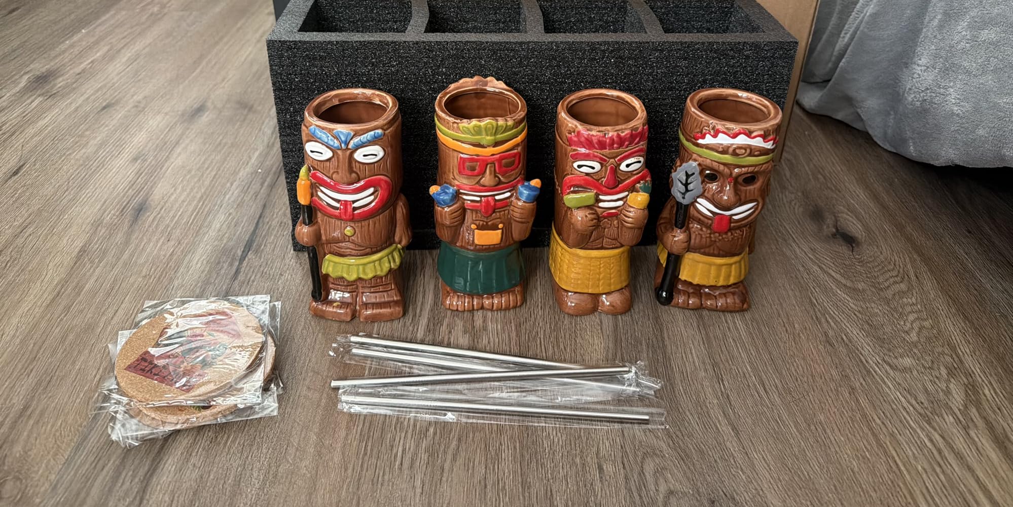 Cocktail Tiki Mugs Set Of 4 - Exotic Mug With 4 Coasters And 4 Straws, Cute Ceramic Hawaiian Style Cocktail Glasses For Party And Tropical Tiki Bar, Mai Tai Drinkware (Glossy) customer photo 1