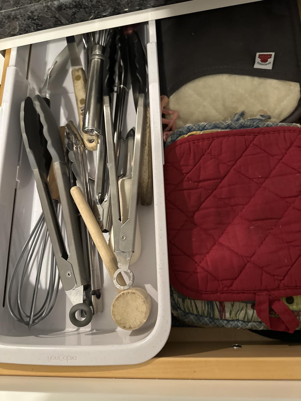 YouCopia DrawerFit Sliding Drawer Bin, Expandable and Adjustable Kitchen Storage Organizer, Speckled White customer photo 2