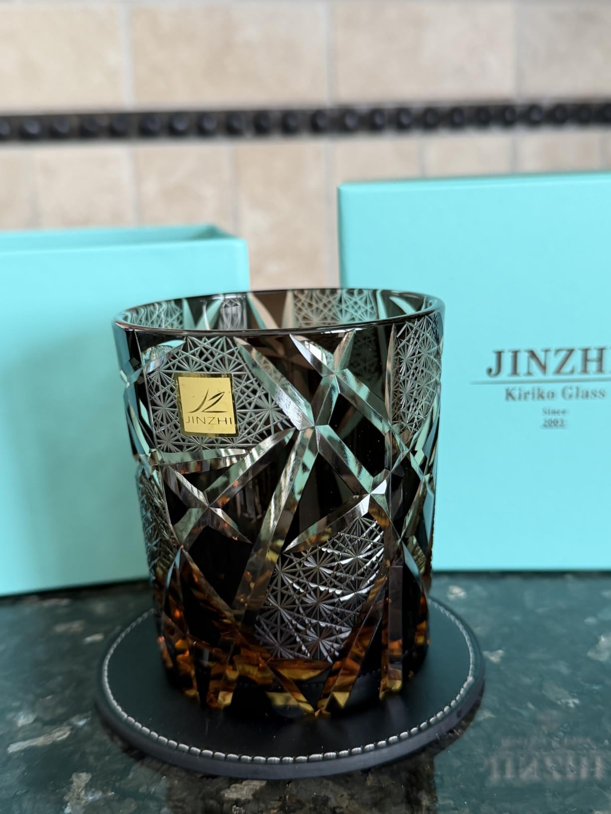 JINZHI Edo Kiriko Old Fashioned Glasses Japanese Style Crystal Amber 8 0z Black Diamond Cut Glass Cup Tumbler for Vodka Cocktail Whiskey customer photo 1