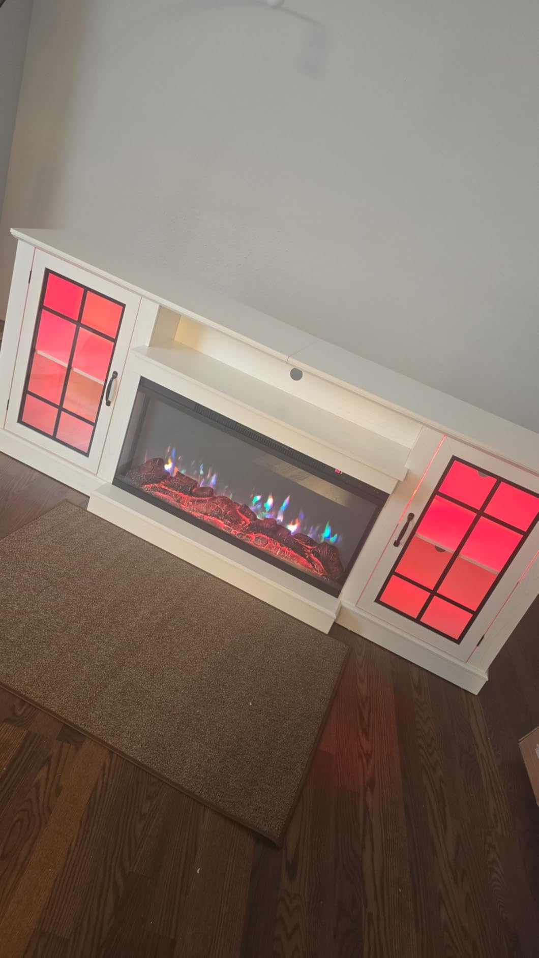 oneinmil 59'' Fireplace TV Stand, 3 Sided Glass Media Entertainment Center Console Table for TVs up to 65'' with Glass Door Closed Storage, Set of TV Table, White customer photo 2